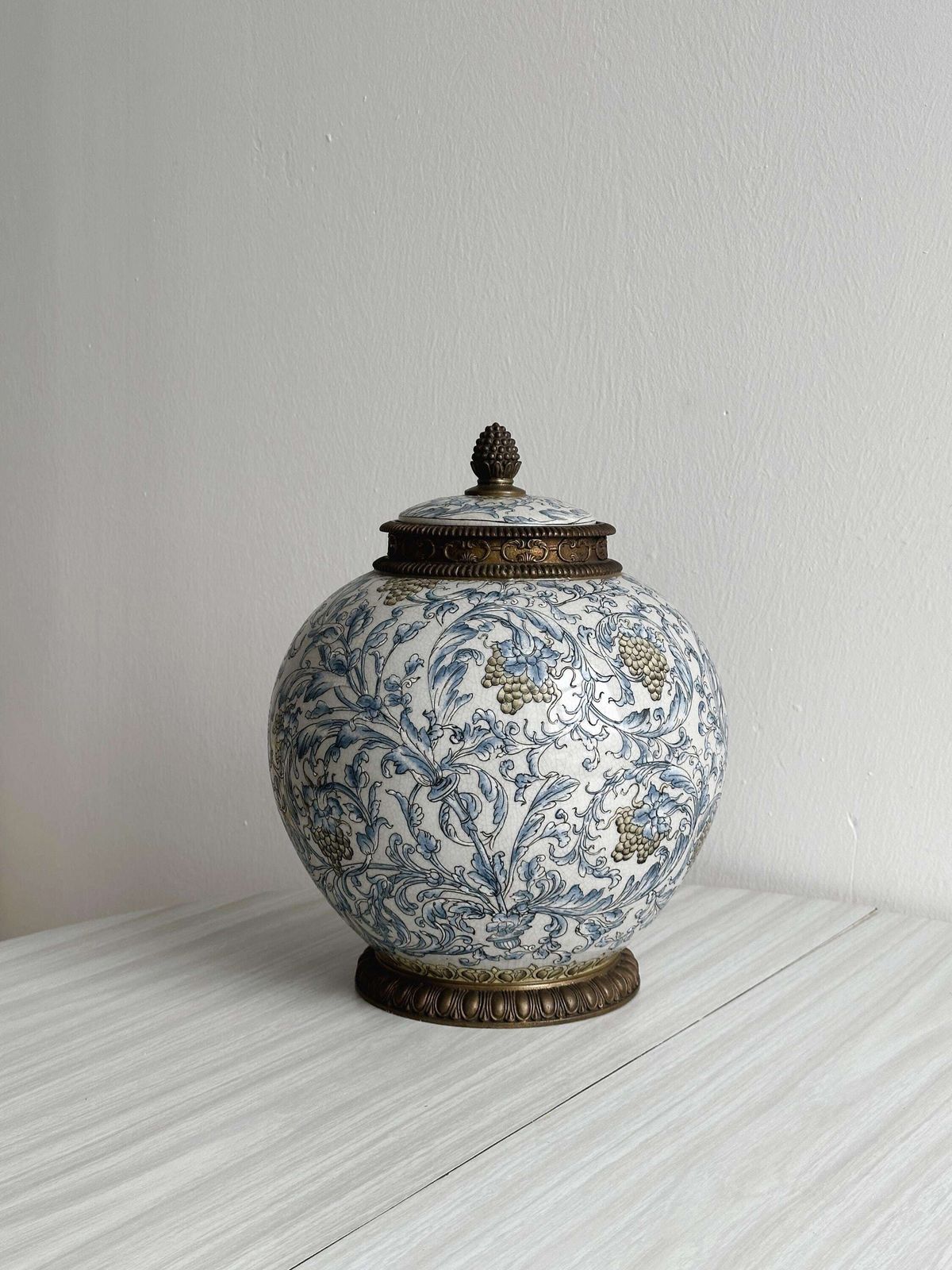 Large Porcelain Pot With Metal Lid, Blue And White Floral Decoration, Handmade Decoration, Imposing Decorative Element, Antique Decoration