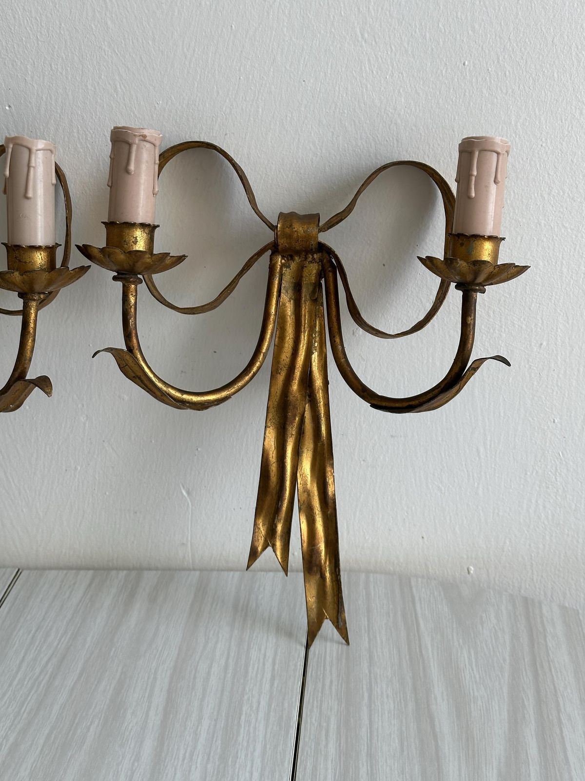 Pair Of Antique Handmade Gilded Metal Wall Lights, Elegant And Rare Wall Decoration, Refined Bedroom Wall Lights, Magnificent Vintage Object photo for sale