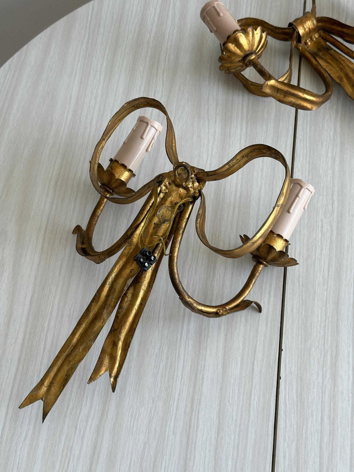 Pair Of Antique Handmade Gilded Metal Wall Lights, Elegant And Rare Wall Decoration, Refined Bedroom Wall Lights, Magnificent Vintage Object photo 1029.0