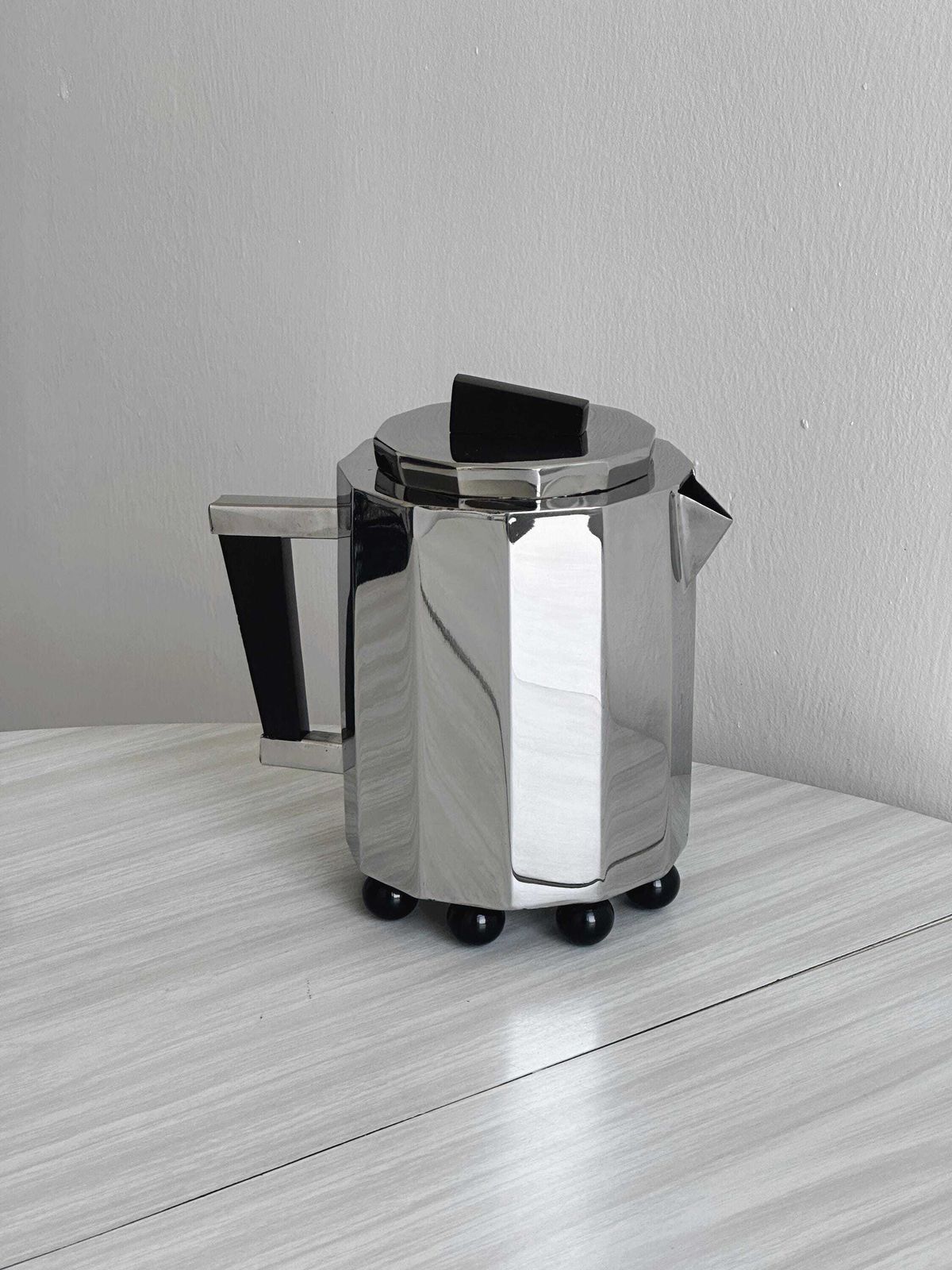 Garance Vallée X Monoprix Chrome Designer Teapot, Shiny Metal And Wood, Contemporary Kitchen Decor, Trendy Arty Decorative Object photo for sale
