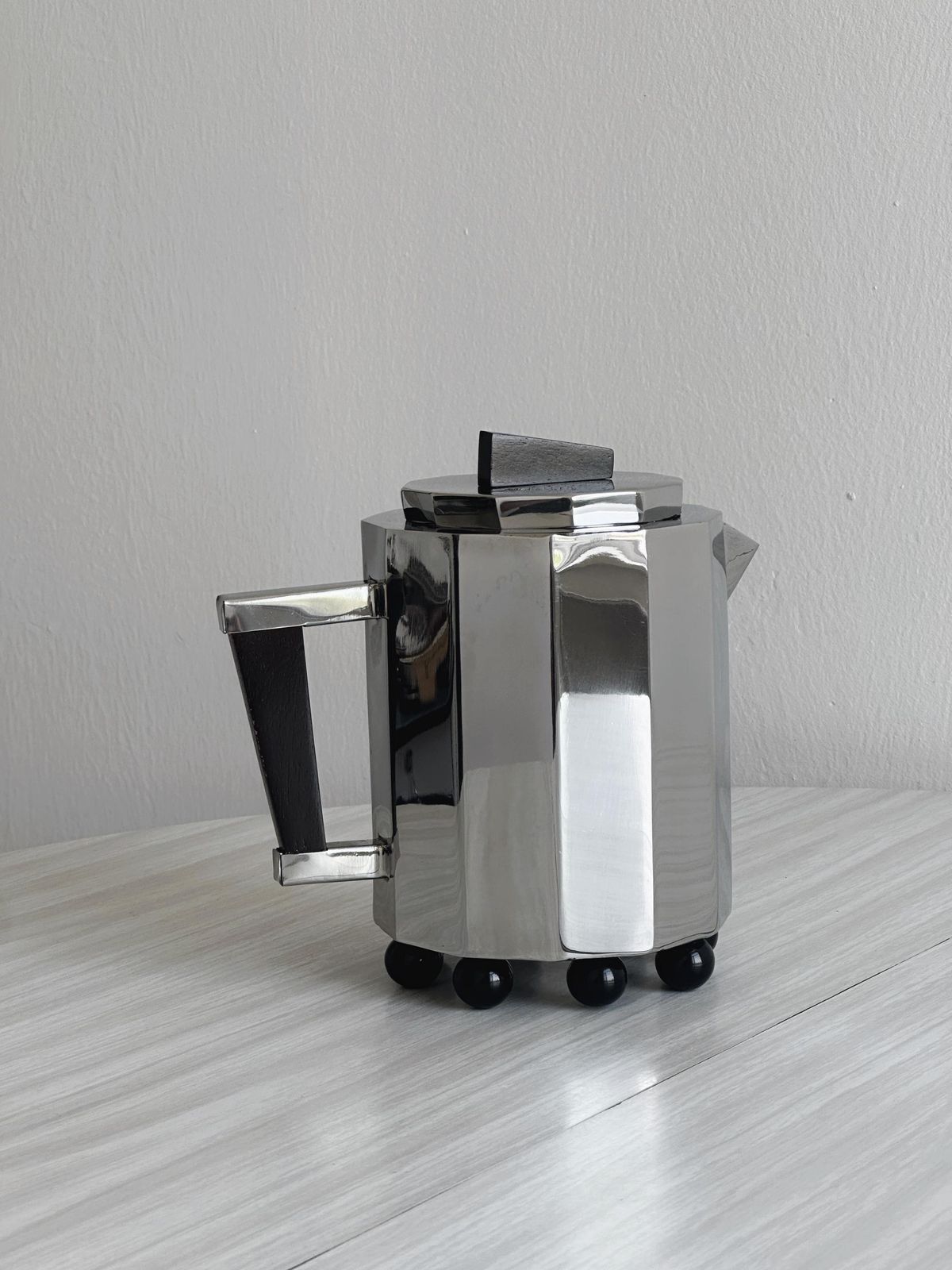 Garance Vallée X Monoprix Chrome Designer Teapot, Shiny Metal And Wood, Contemporary Kitchen Decor, Trendy Arty Decorative Object photo vintage