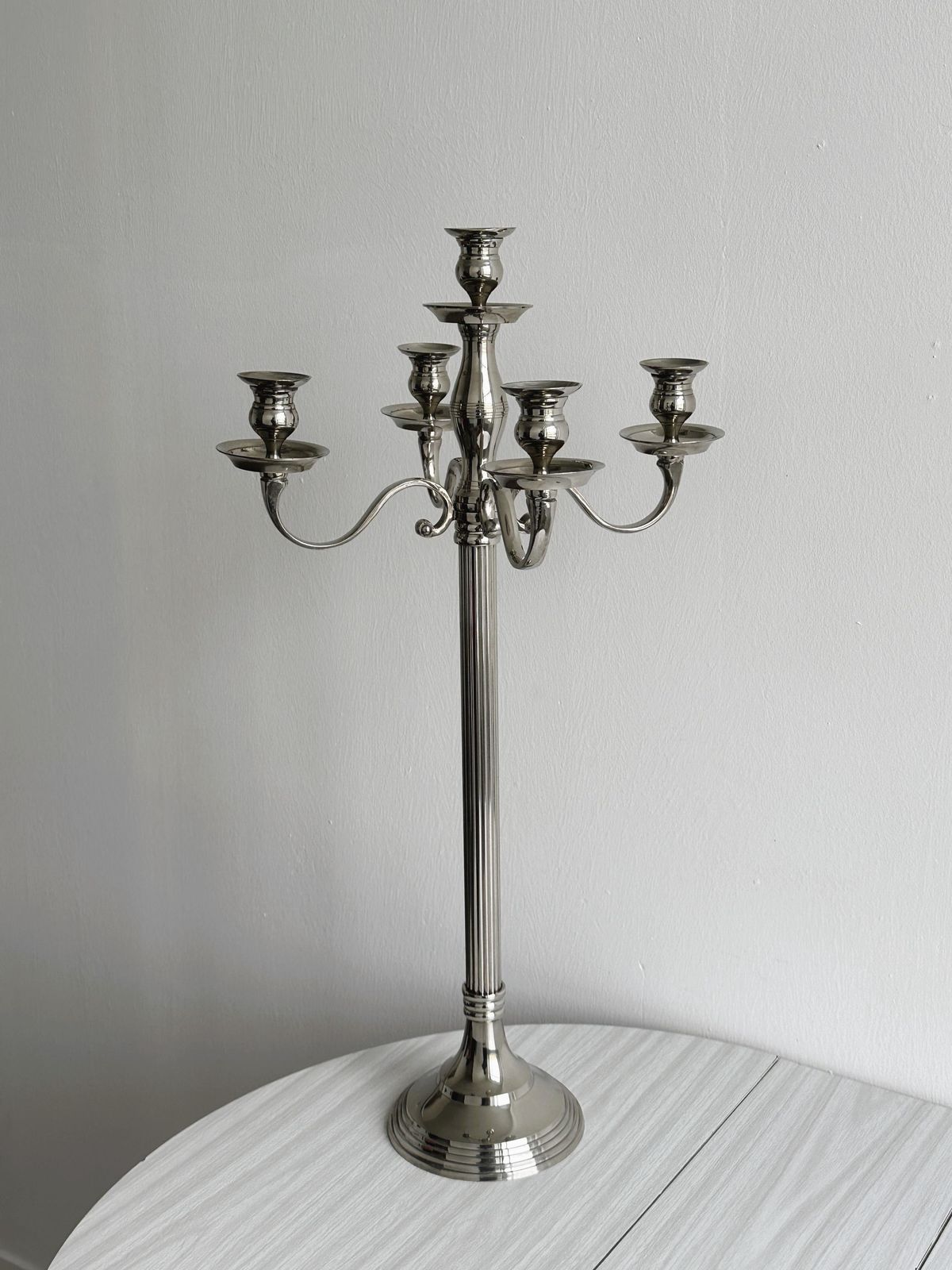 Large 5 Arm Candlestick In Shiny Silver Metal, Elegant Centerpiece For Wedding, Reception Or Refined Interior