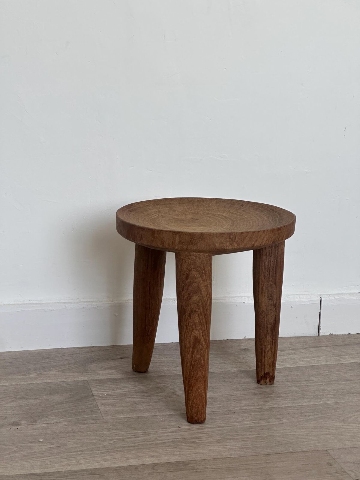 Small Old Stool In Raw Wood Carved From A Single Trunk, Natural And Vintage Decor, Authentic And Rustic Occasional Bench photo for sale
