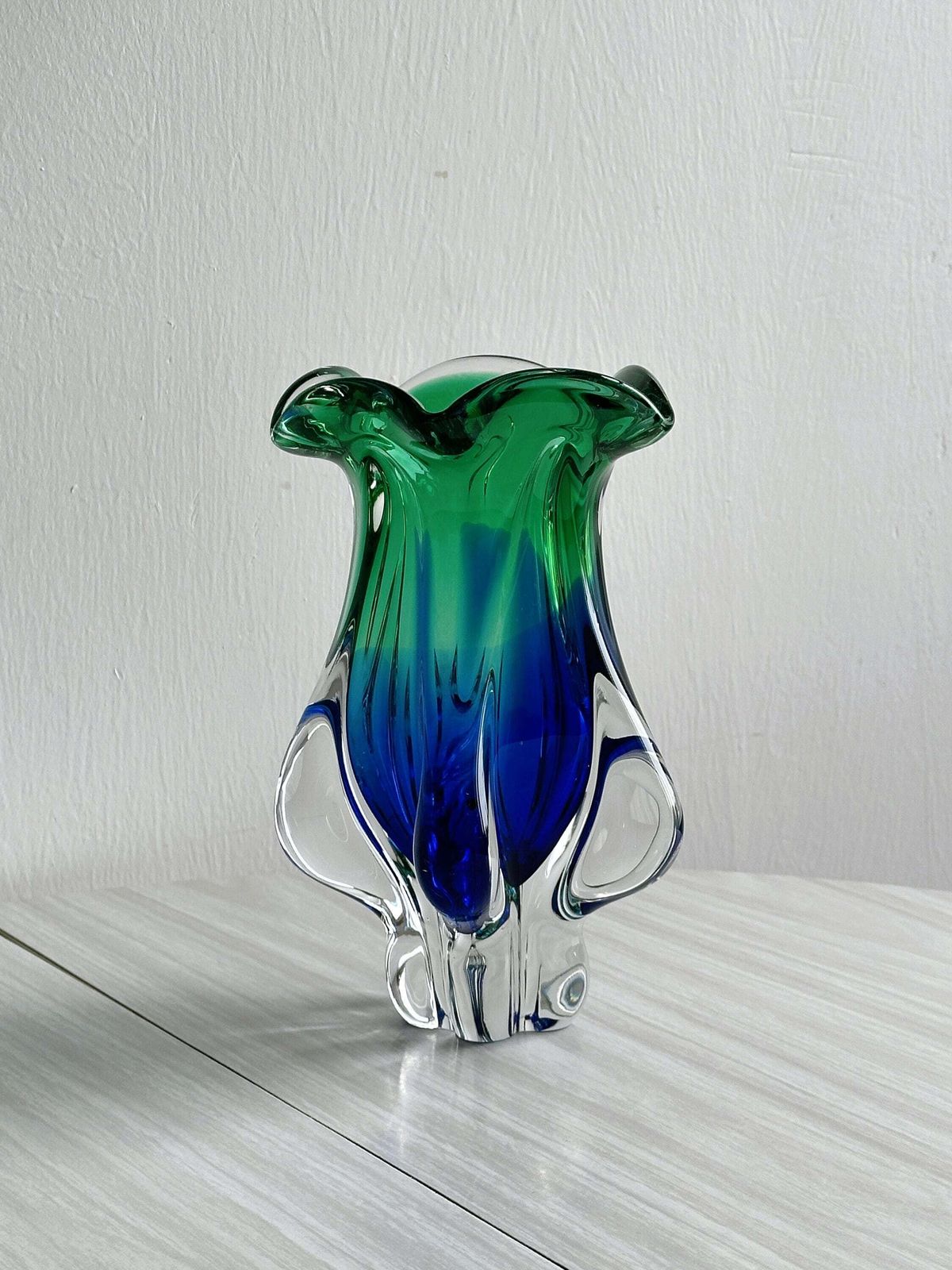 Murano Style Blue And Green Blown Glass Vase, Thick Glass Art Decorative Piece, Retro Futuristic, Unique Piece, Minimalist Interior