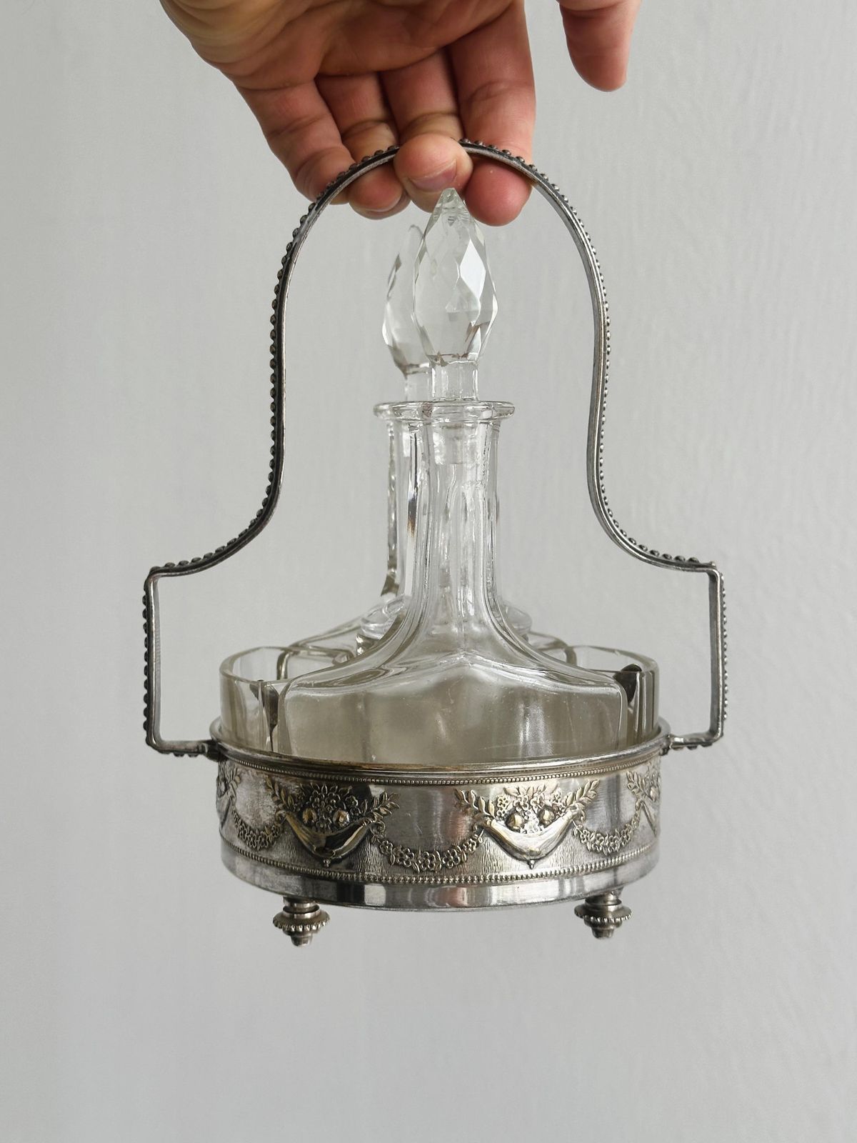 Antique Oil And Vinegar Cruet With Mustard Pot And Spice Compartments, Cut Crystal And Silver Plated Metal, Table Service, French Table photo buy
