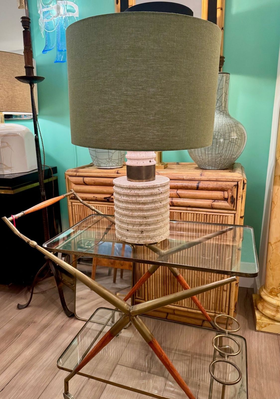 A Large Fratelli Manneli Ribbed Italian 1970s Travertine Lamp With Brass Detail photo furniture