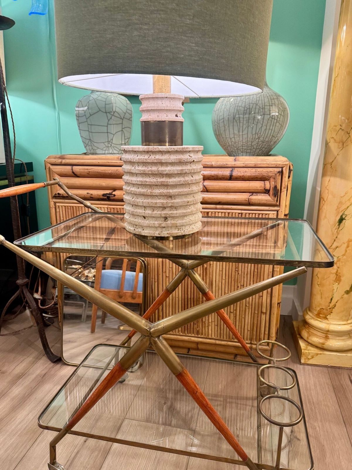 A Large Fratelli Manneli Ribbed Italian 1970s Travertine Lamp With Brass Detail photo vintage