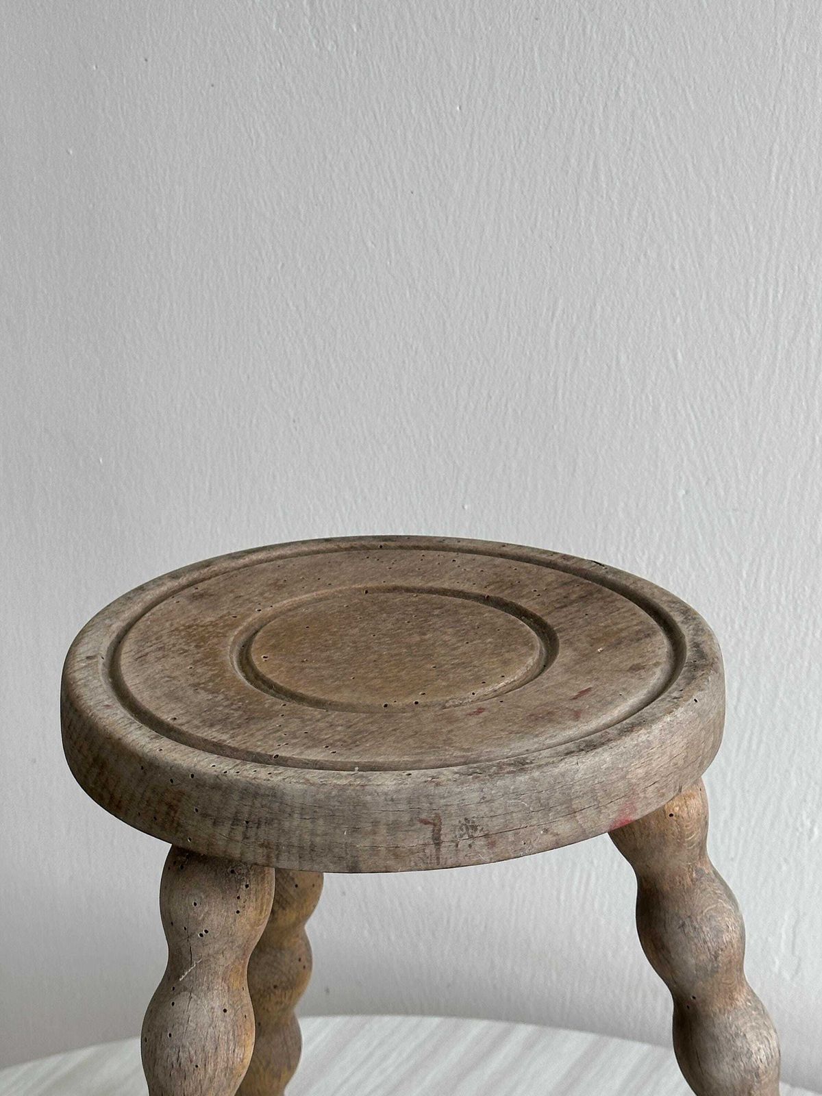 Antique Stool In Raw Wood, Carved Twisted Legs, Small Rustic Seat, Chic Country Decor, Vintage Furniture, Weathered Wood photo furniture