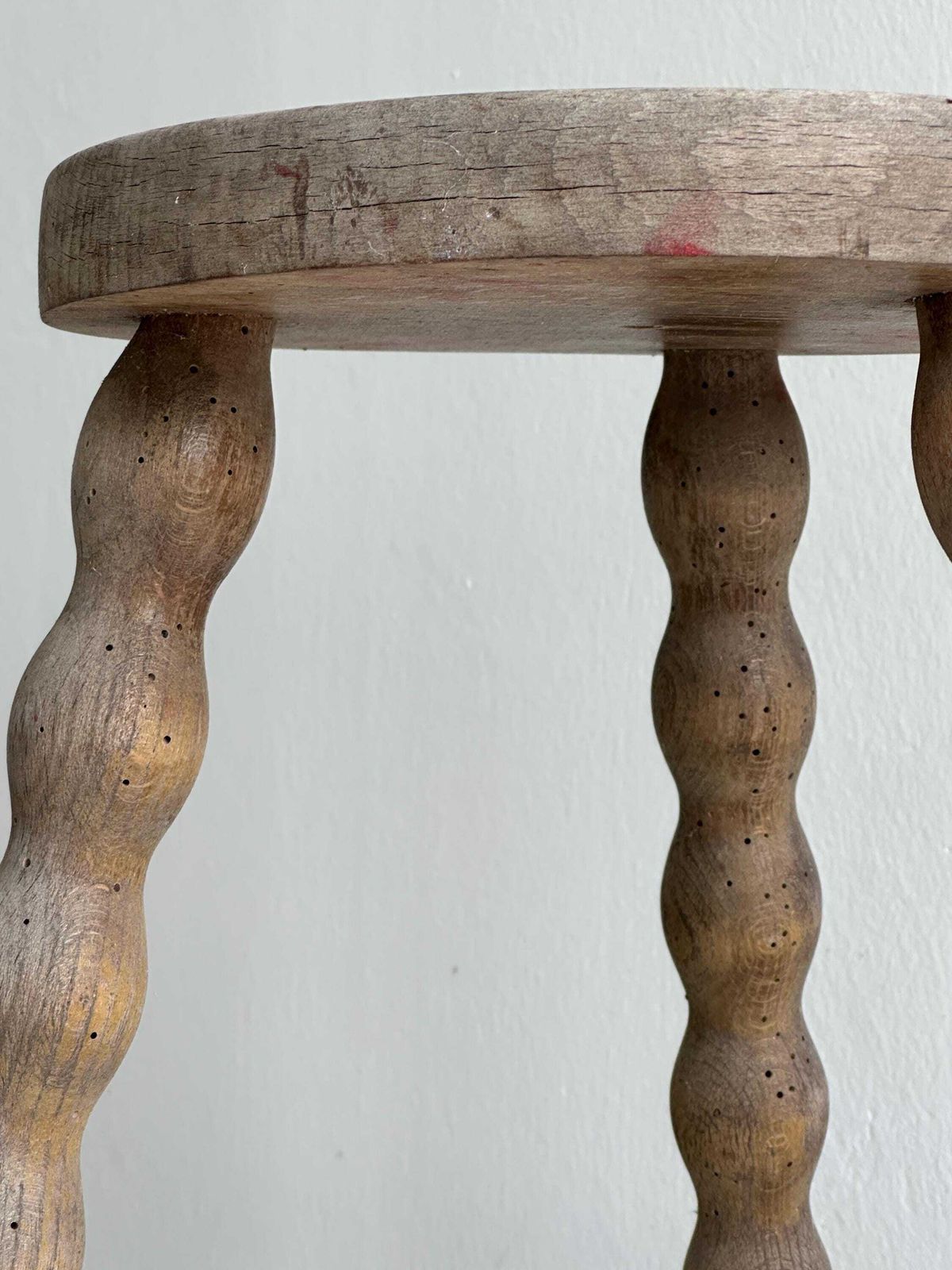 Antique Stool In Raw Wood, Carved Twisted Legs, Small Rustic Seat, Chic Country Decor, Vintage Furniture, Weathered Wood photo Furniture