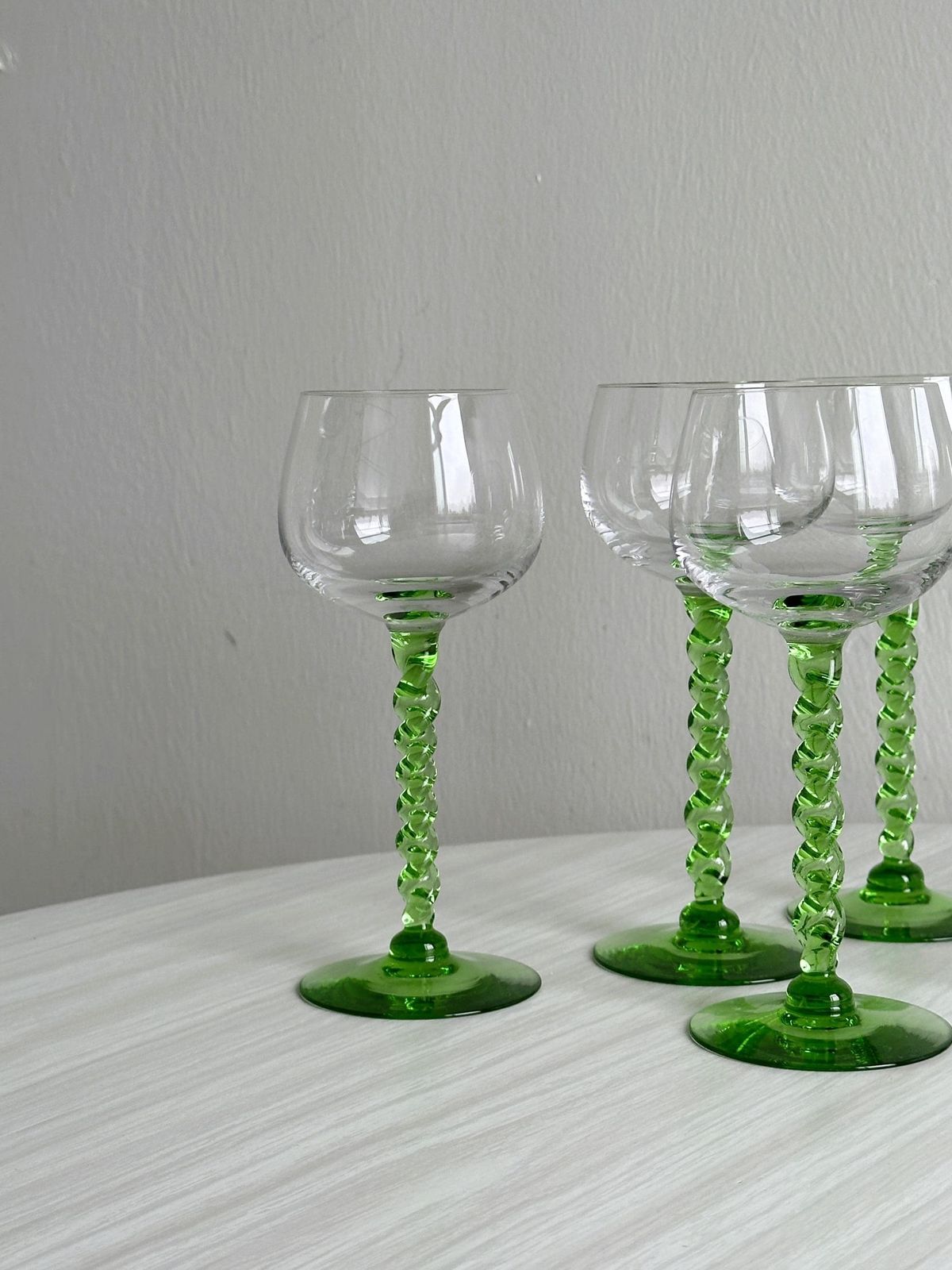 6 Transparent Green Twisted Stemmed Glasses, Vintage Table Decoration, French Glassware, Blown Glass, Country Tableware, Gift photo for sale