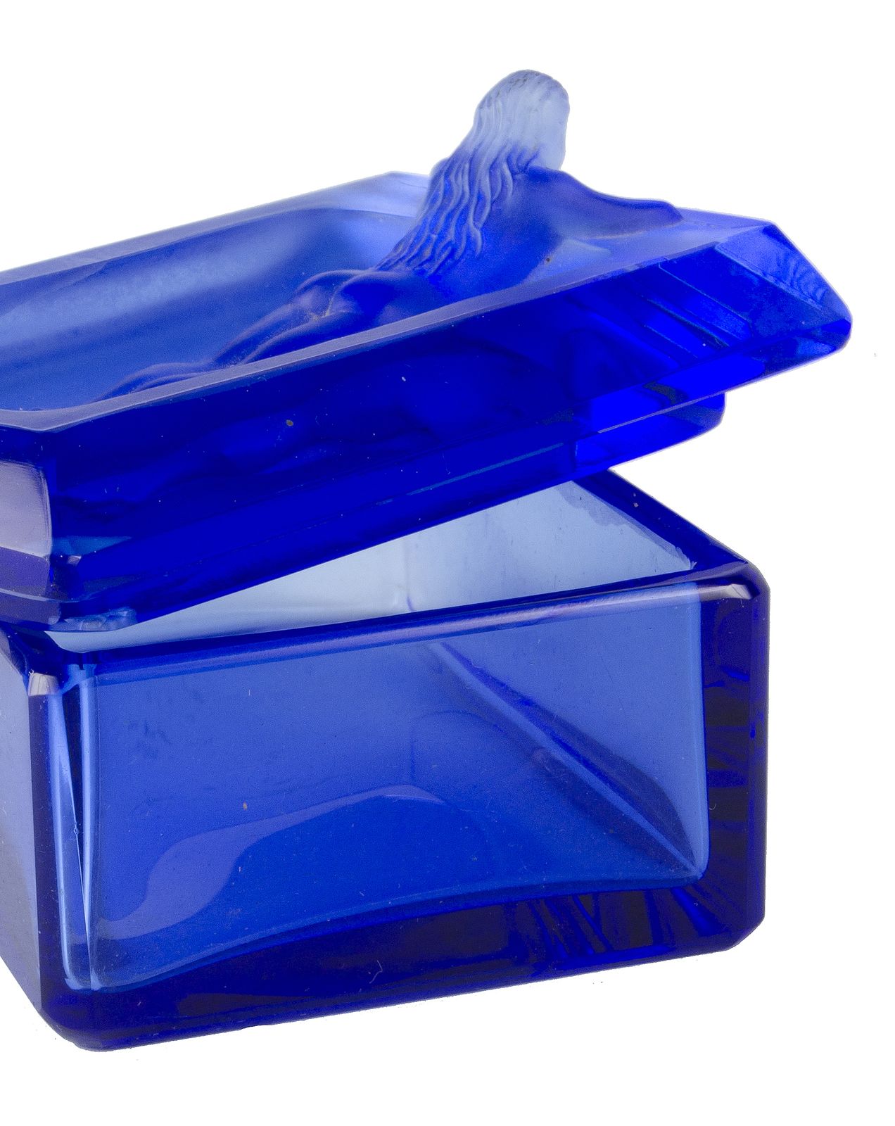 1970s Bohemian Translucent Blue Glass Decorative Box With A Nymph On The Lid, Czech Republic photo for sale
