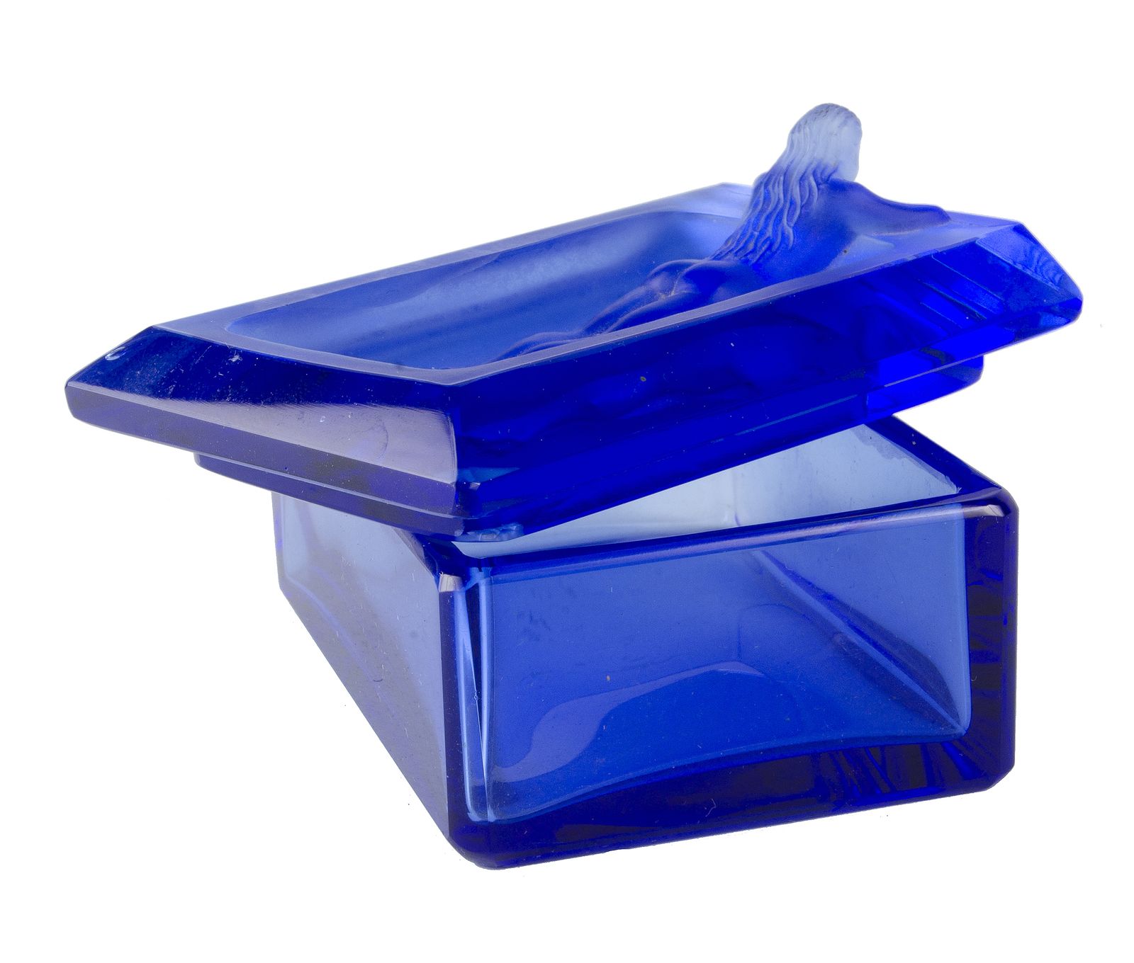 1970s Bohemian Translucent Blue Glass Decorative Box With A Nymph On The Lid, Czech Republic photo vintage