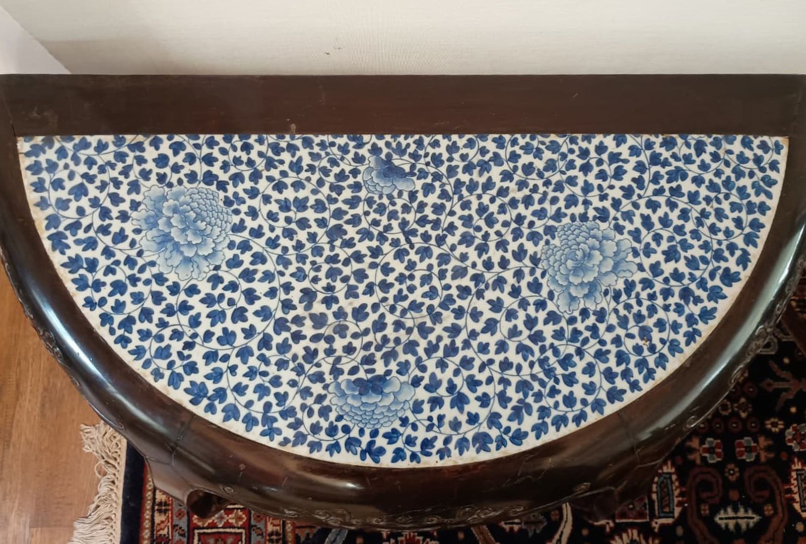 Pair Of Late 19th Century Qing Wooden Circular Demilune Center Tables With Porcelain Inlaid On The Surface, China photo for sale