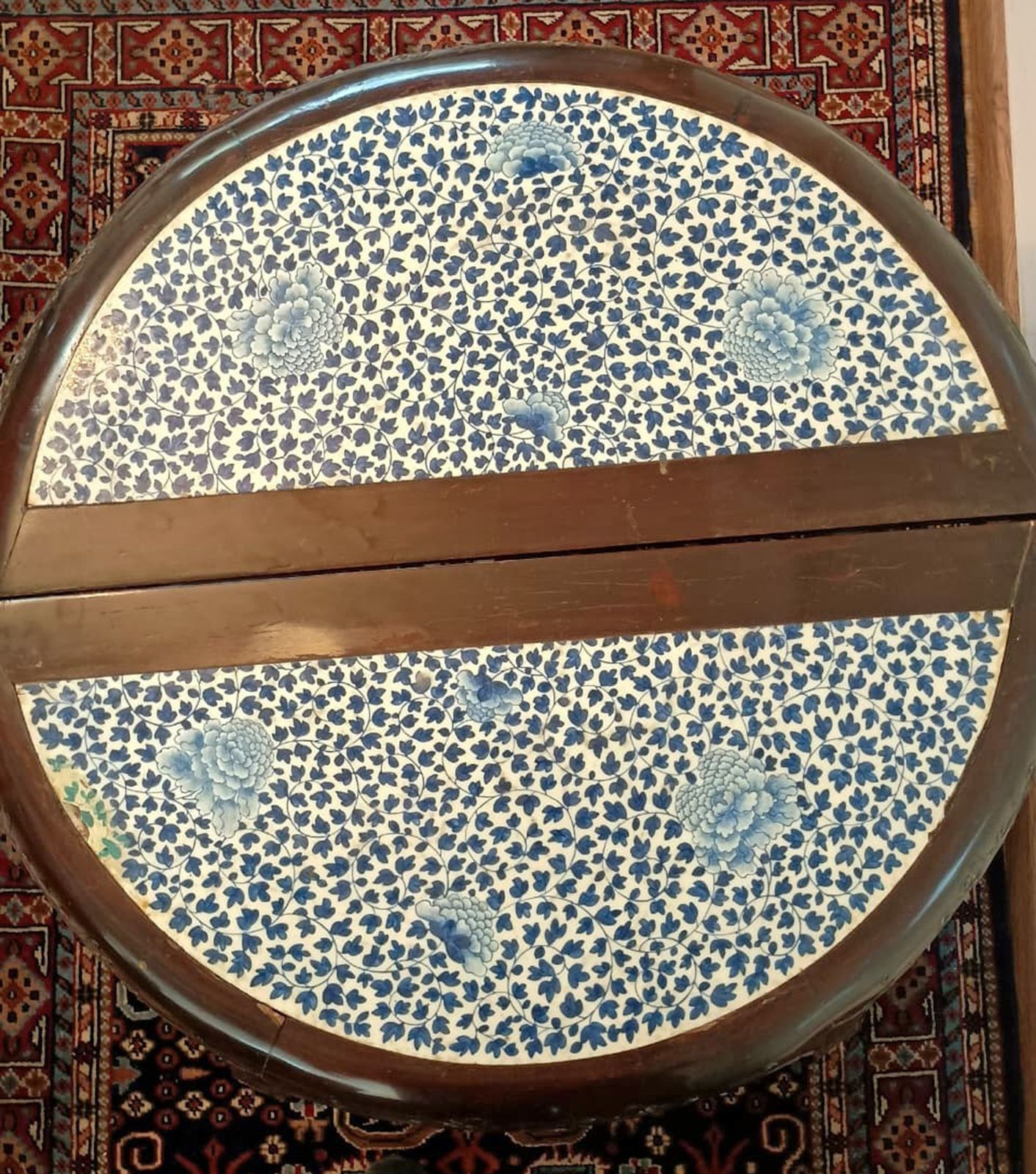 Pair Of Late 19th Century Qing Wooden Circular Demilune Center Tables With Porcelain Inlaid On The Surface, China photo buy