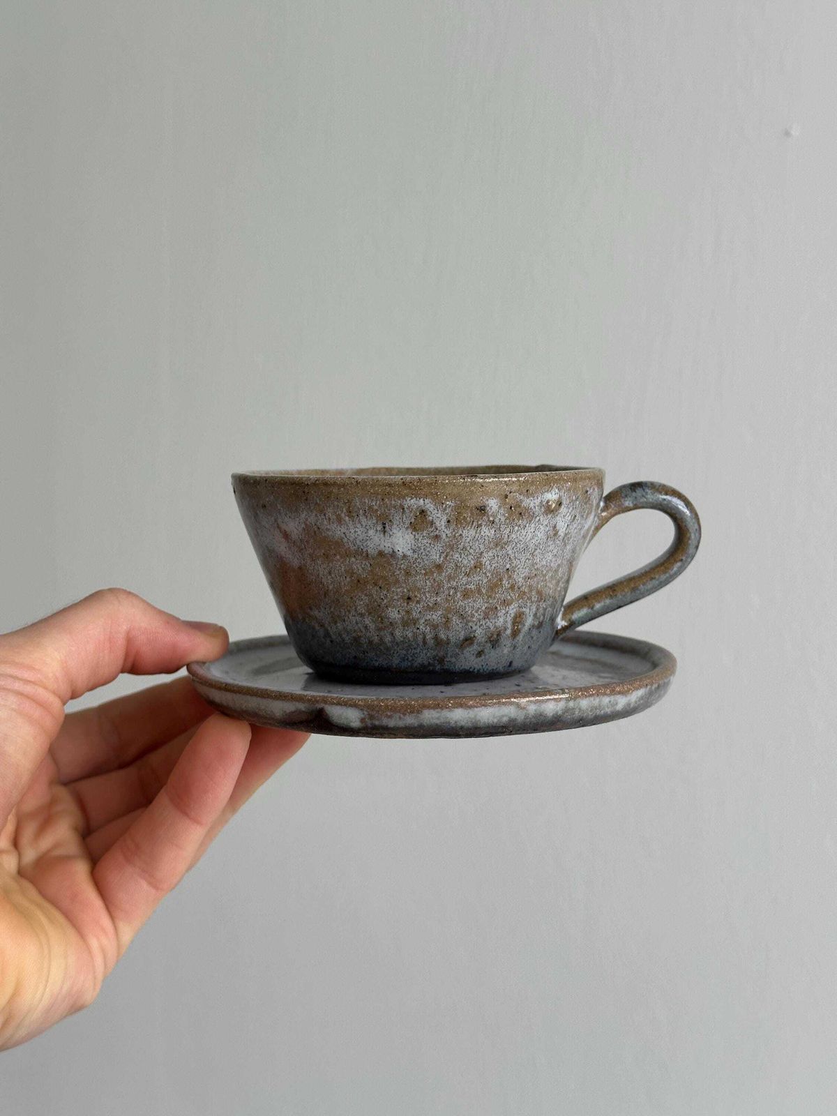 Handcrafted Stoneware Coffee Set, 6 Cups, Saucers And Sugar Bowl, Natural Tones, Ideal For Country Decor, Unique Gift, French Craftsmanship photo buy