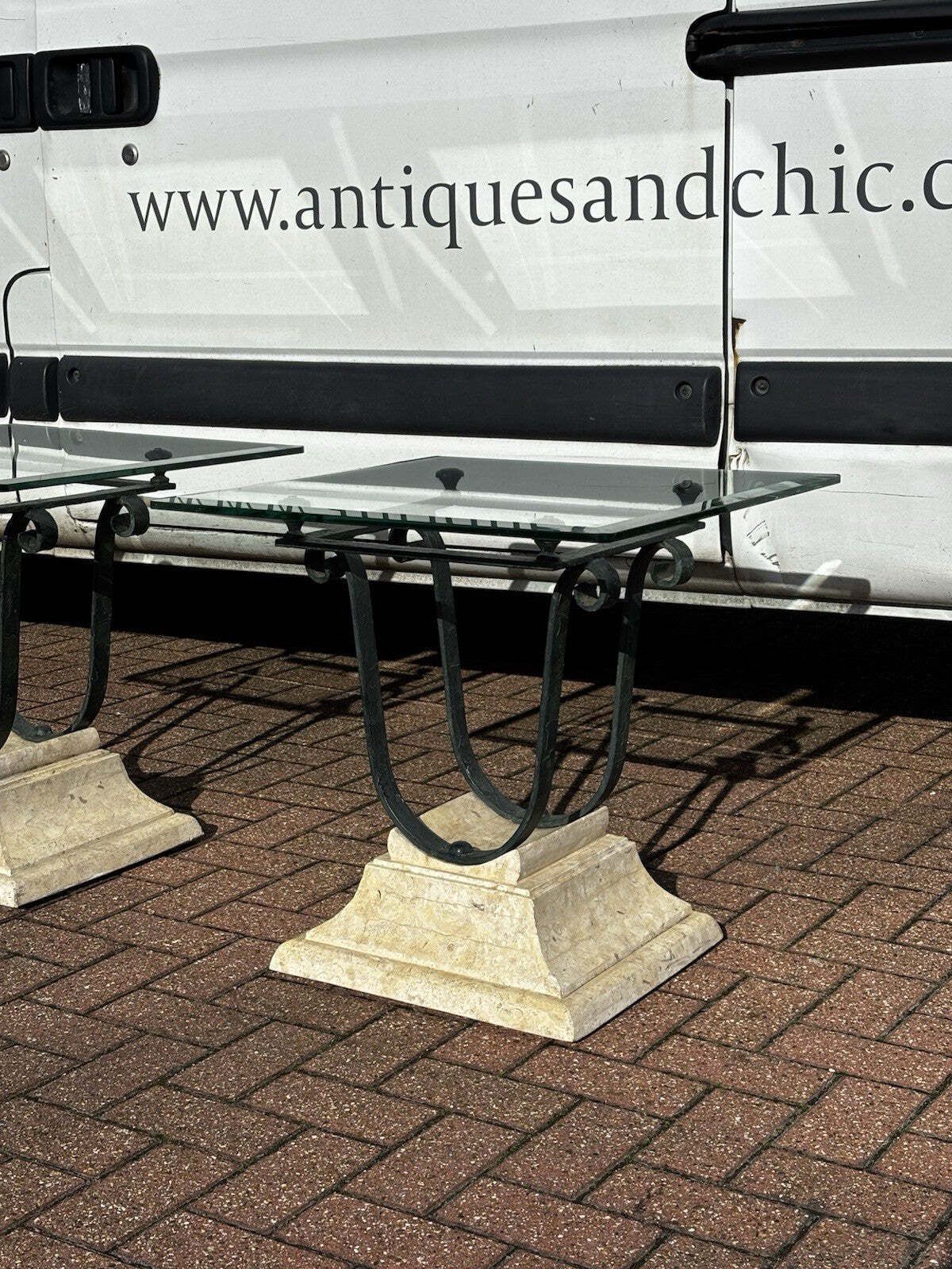 Mid Century Cast Iron & Faux Stone Glass Top Lamp Table With Matching Lamps. photo 1219.0