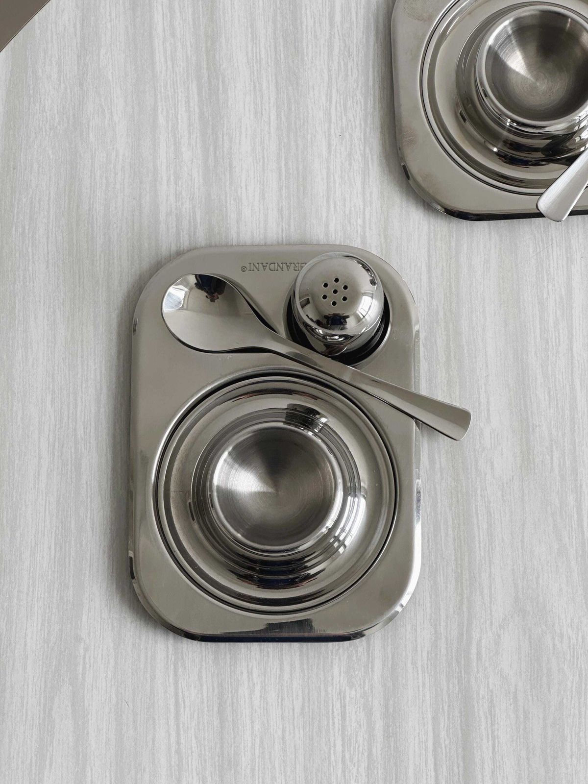 Set Of 2 Stainless Steel Egg Cups With Spoons, Modern Design Set For Hard Boiled Eggs, Chic Breakfast Accessory, Trendy Retro Kitchen Decor photo for sale
