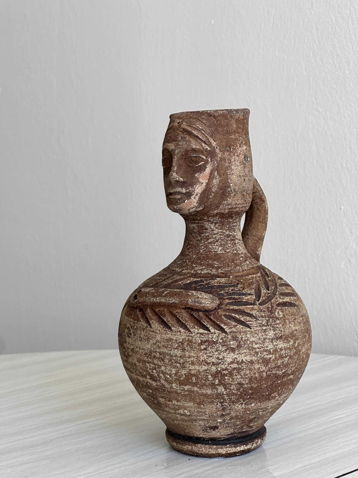 Decorative Vase, Minimalist And Brutalist Style, Wabi Sabi Inspiration, Antique Pottery, Ceramic Woman Face photo furniture