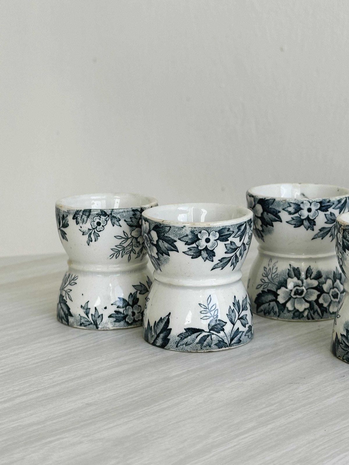 Set Of 4 Antique Earthenware Egg Cups, Blue Floral Decoration, Vintage Tableware, Elegant And Refined French Kitchen Decoration photo furniture