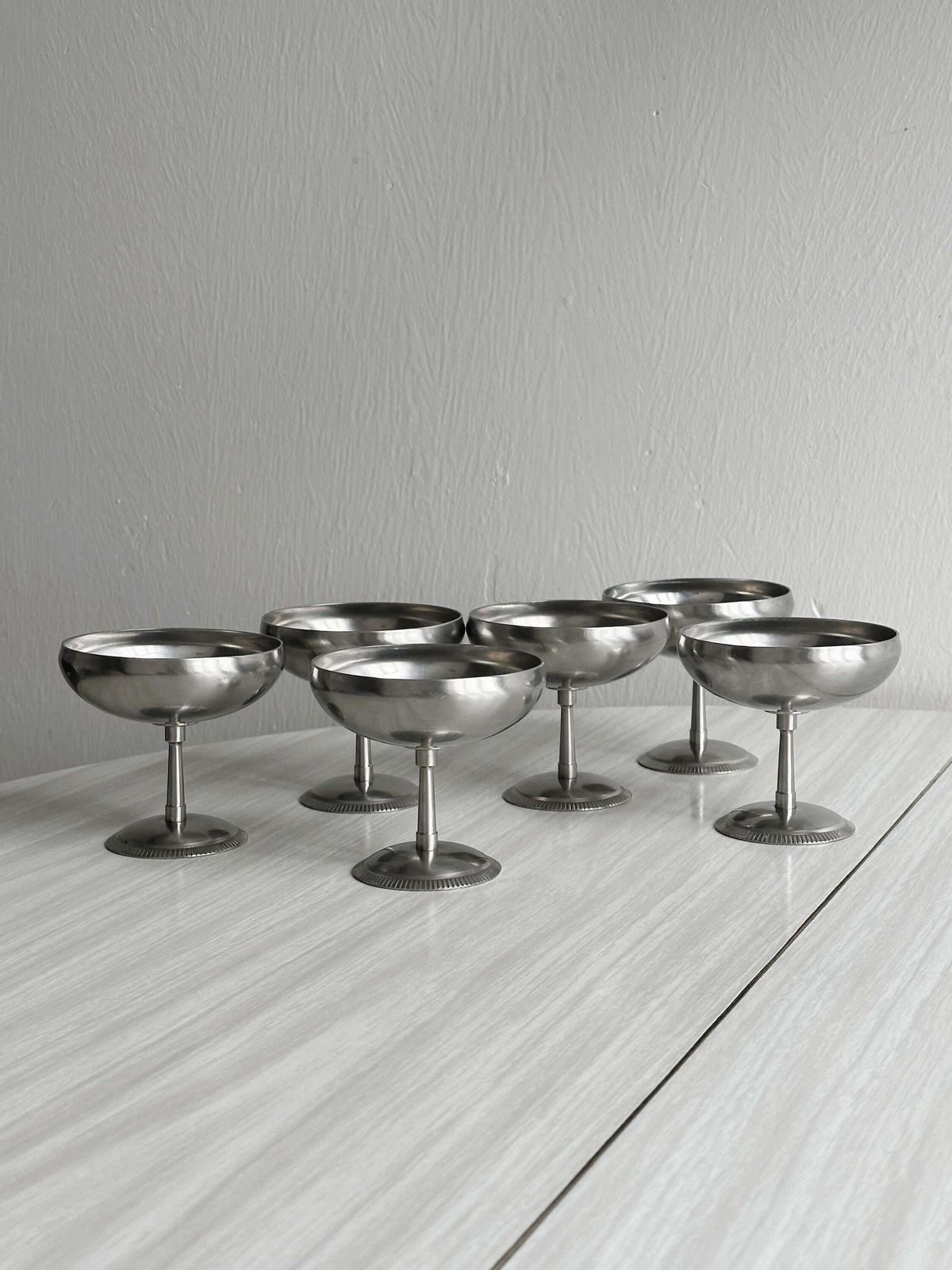 6 Roestvrijstalen Schaaltjes op Voet, Letang Remy Stijl, Franse Makelij, Metalen Tafelgerei, Roestvrijstalen Schaaltjes, Dessertservies, Cadeau.
