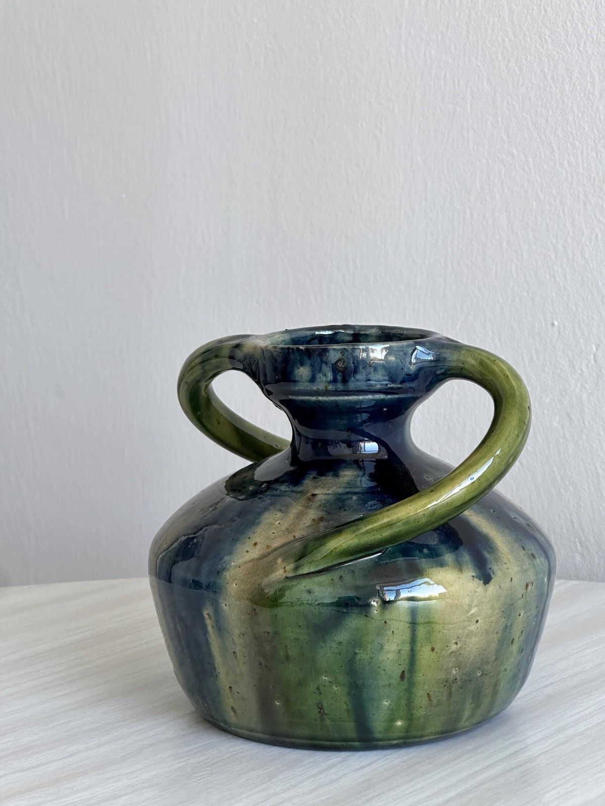 Vase en céramique fait main à deux anses, tons bleu et vert, style Boho rustique, poterie artisanale, cadeau photo furniture