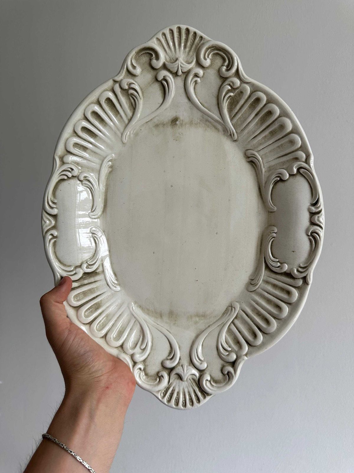 Antique Cream Ceramic Tray With A Faux Patina, Baroque Relief Decoration, Serving Dish, Shabby Chic, Retro Centerpiece Tray photo 64.0