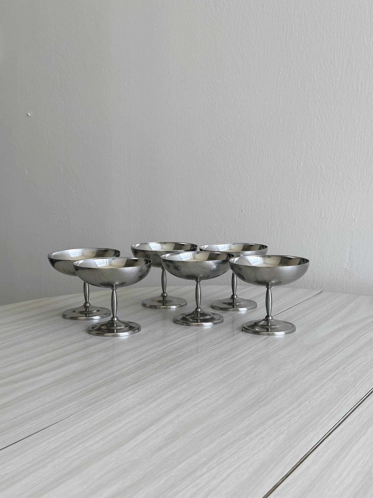 8 Vintage Stainless Steel Dessert Bowls On A Stand, Antique Dessert Bowls, Unique Stainless Steel Pieces, Elegant Buffet, Art Of Entertaining photo buy