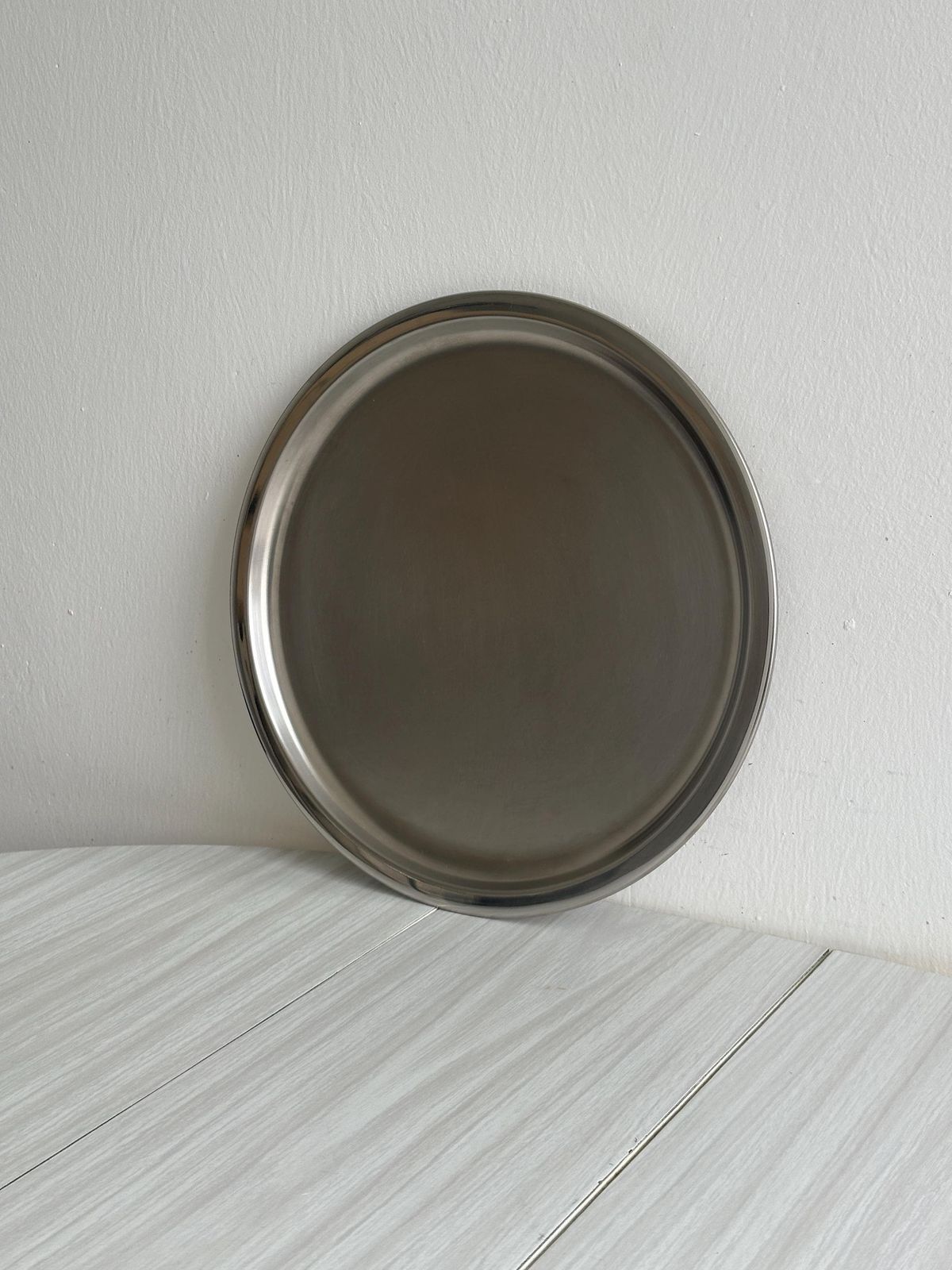 Round Tray In Shiny 18/10 Stainless Steel, Elegant And Robust Serving Tray, Vintage Chic Tableware, Kitchen Decoration photo furniture