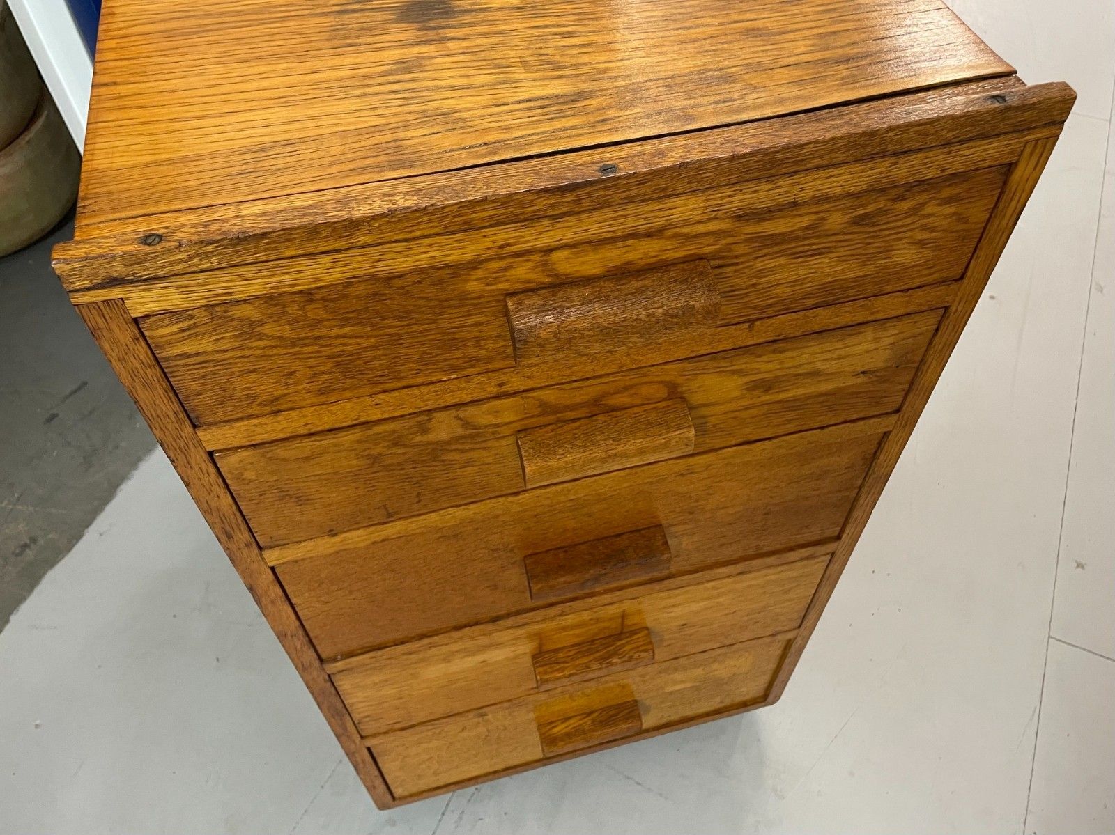 Vintage Mid Century Rustic Oak 5 Drawer School Office Chest Industrial Storage photo for sale