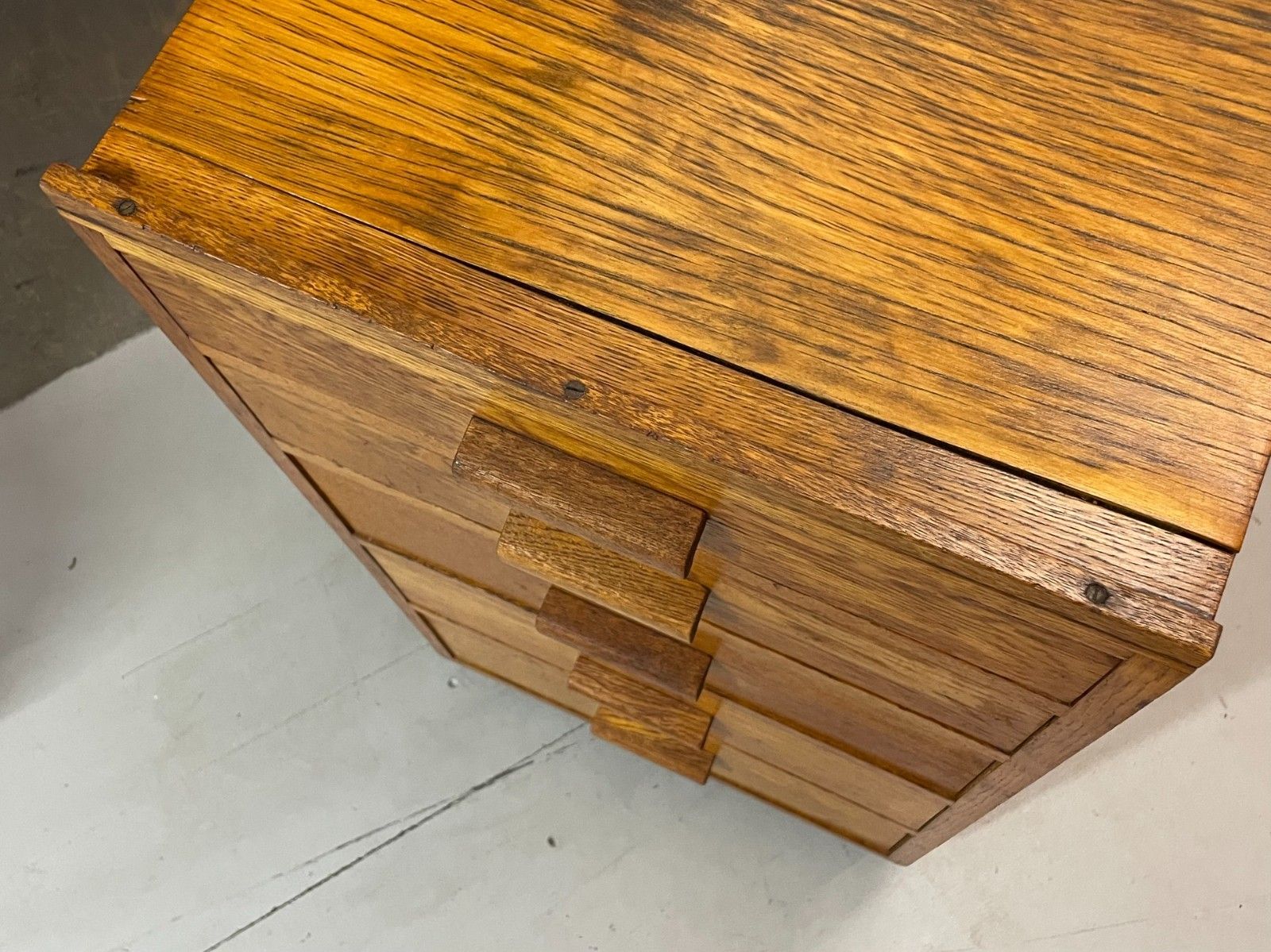 Vintage Mid Century Rustic Oak 5 Drawer School Office Chest Industrial Storage photo vinterior
