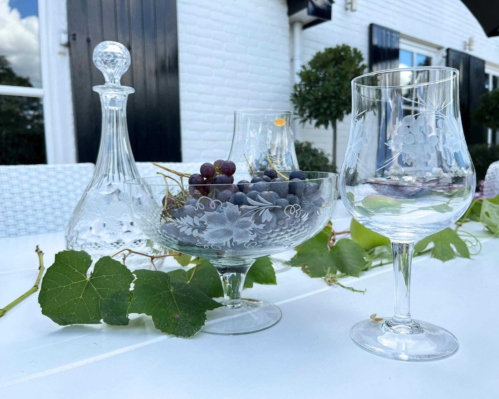 Vintage German Crystal Bowl | Hand Engraved Grapes & Leaves photo vintage