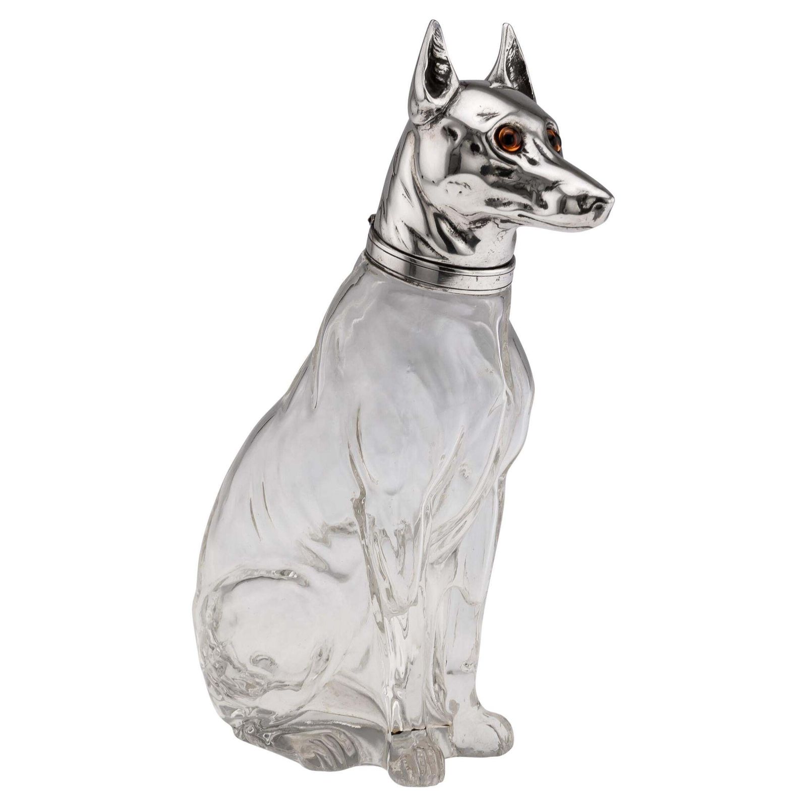20thc Continental Silver Plate & Clear Glass Novelty 'Pinscher' Drinks Decanter