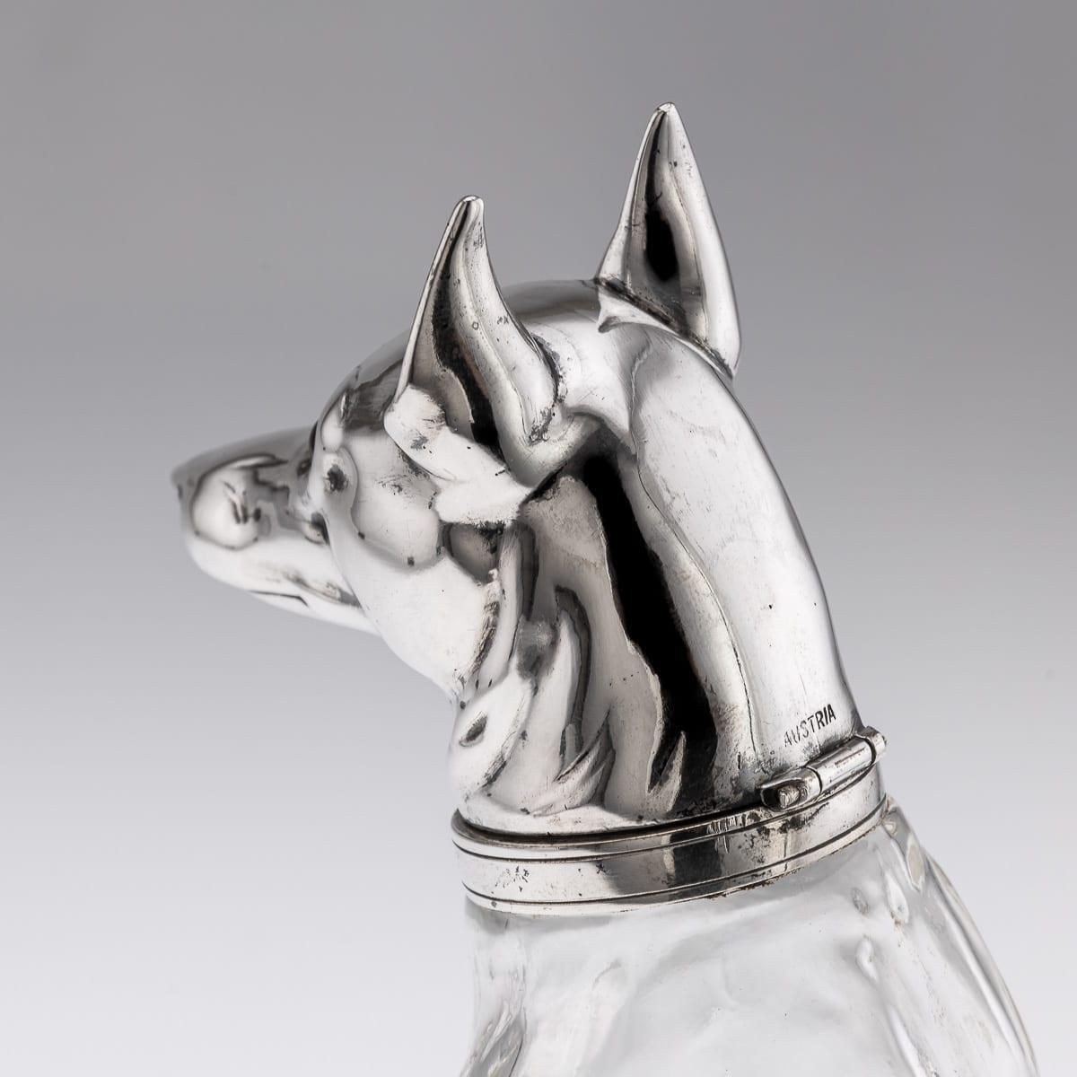 Home Decor 20thc Continental Silver Plate & Clear Glass Novelty 'Pinscher' Drinks Decanter photo