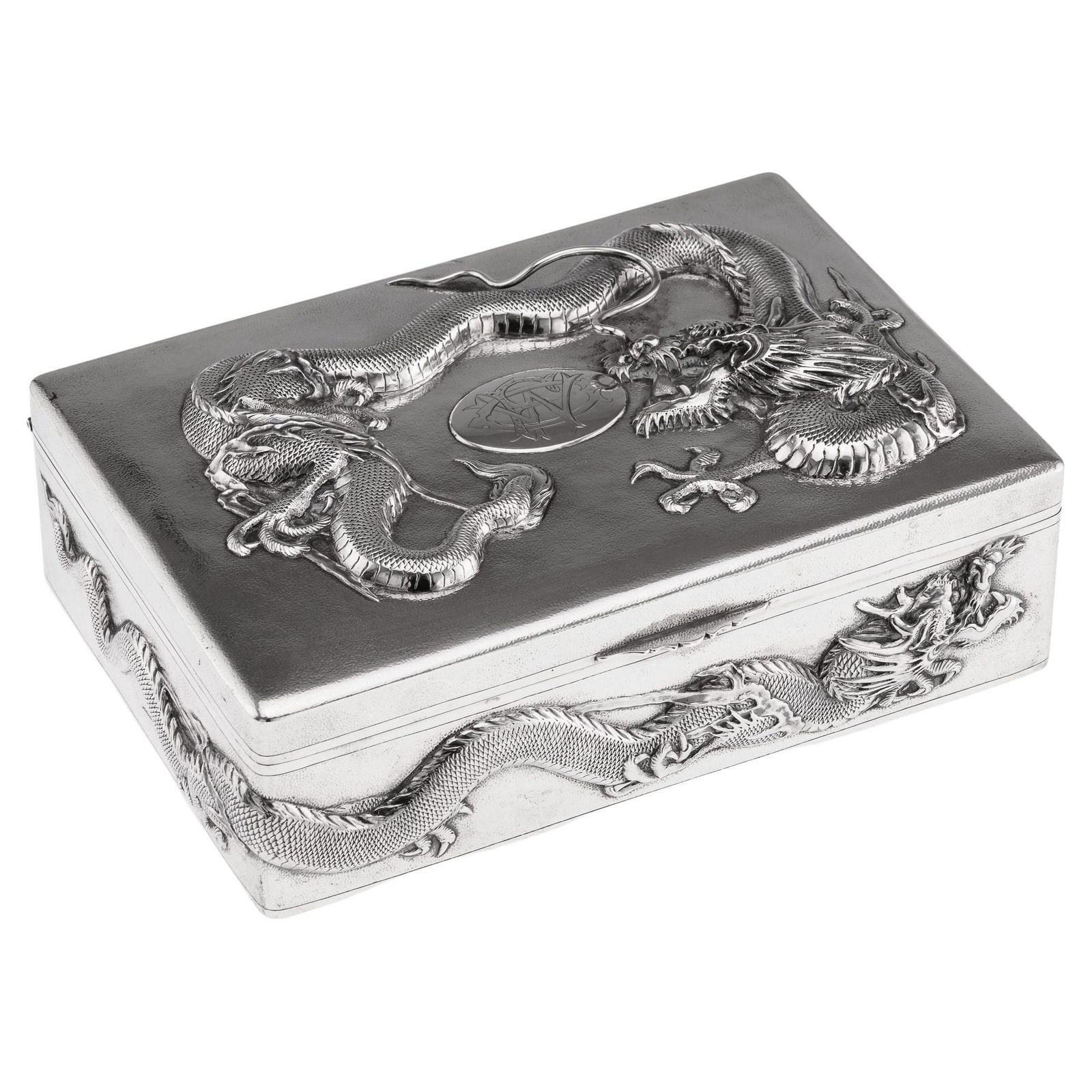Antique 20thc Chinese Solid Silver Dragon Cigar Box, Shanghai, Zeewo C.1900