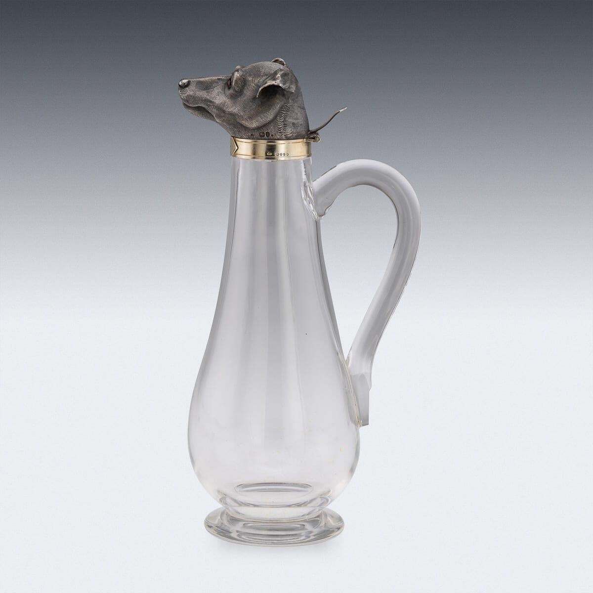 Antique 19thc Victorian Solid Silver & Clear Glass Novelty Dog Claret Jug C.1884 photo for sale