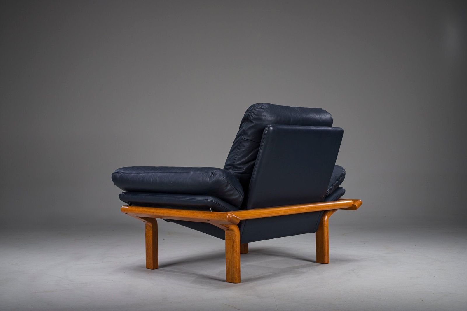 Danish Teak And Navy Blue Leather Lounge Chair From Komfort, 1970s photo Furniture