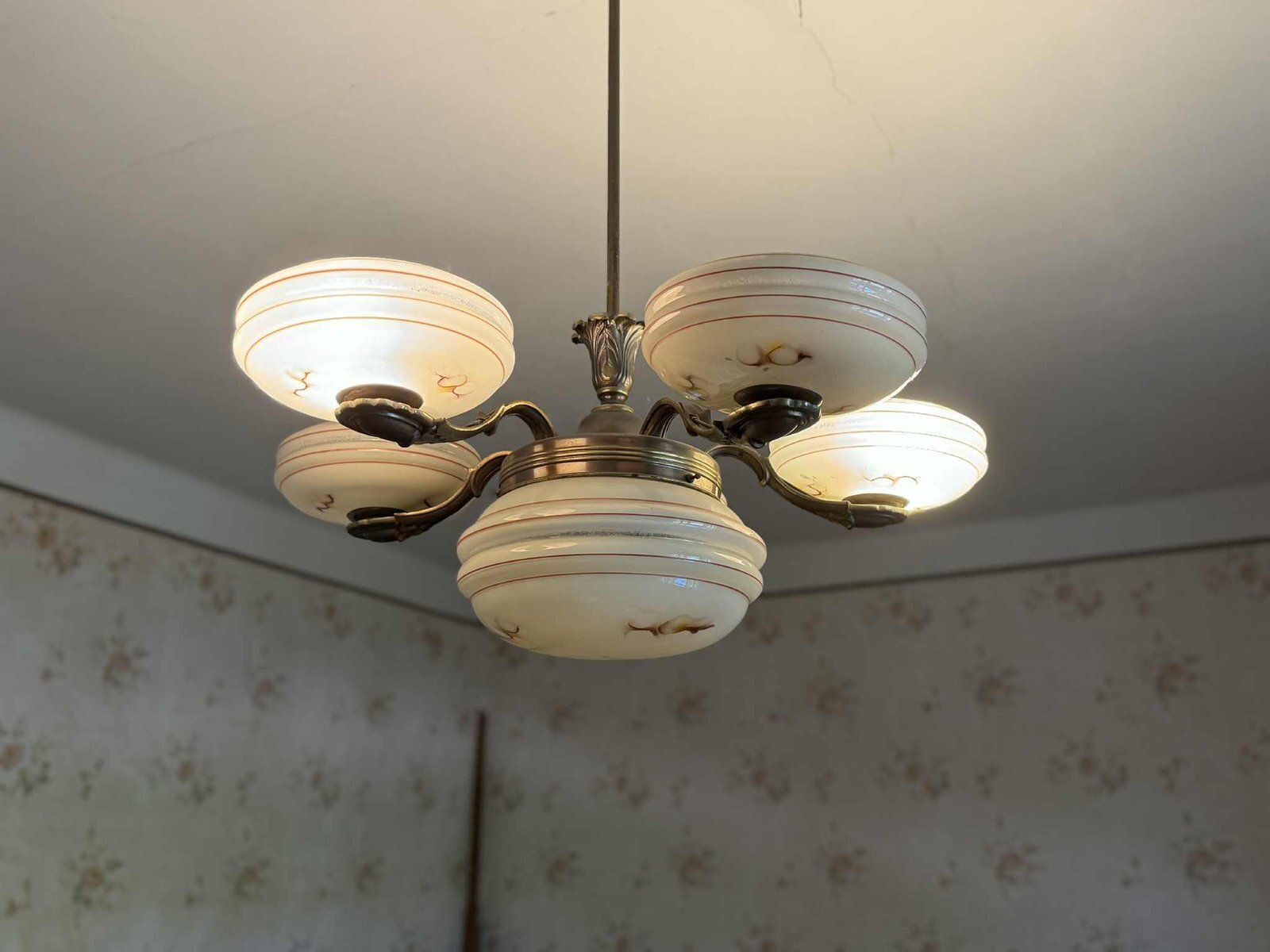 Art Deco Brass And Glass 5 Arm Chandelier, Central Europe, 1940s