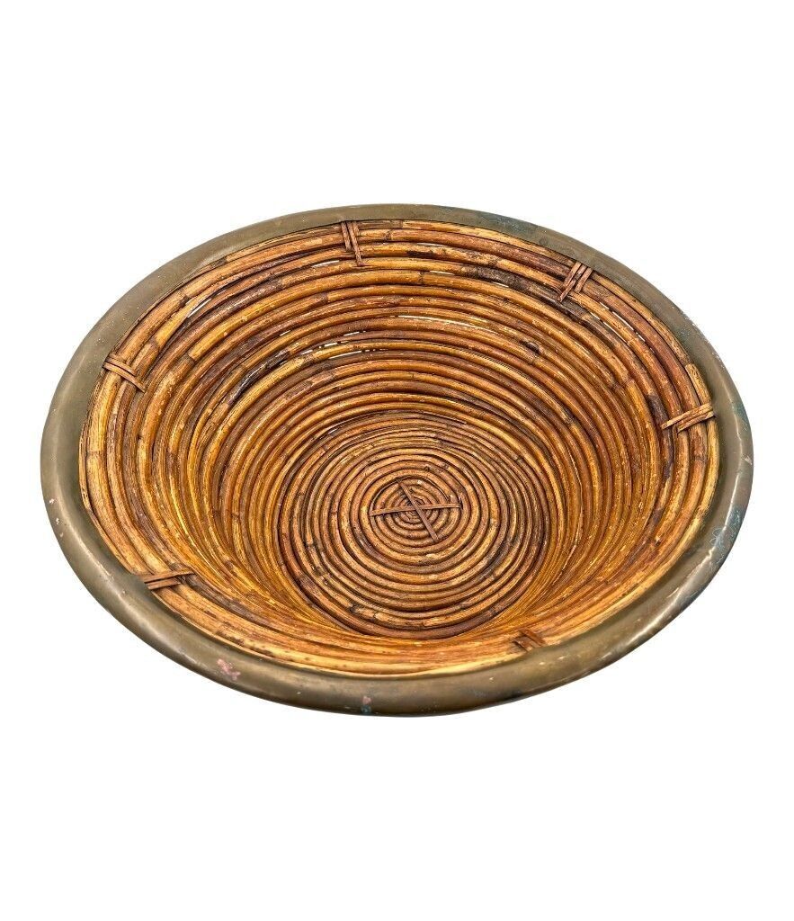 A Large Italian 1970s Woven Bamboo Bowl With Brass Rim photo furniture