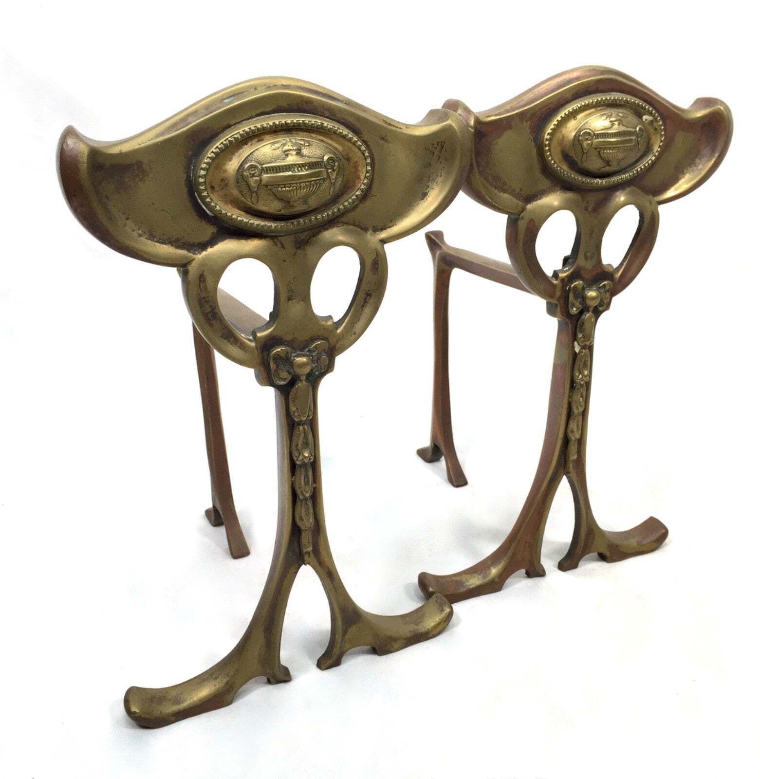 Antique Pair Of Art Nouveau Brass Fire Dogs / Log Burner / C.1900 / Victorian photo furniture