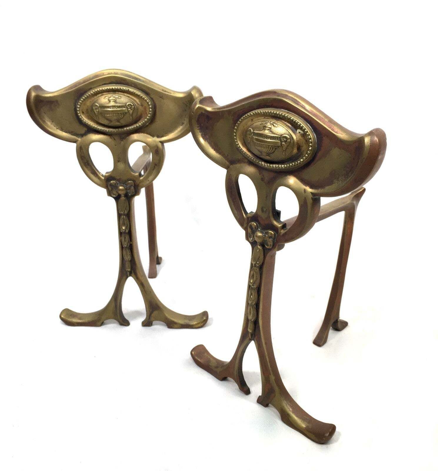 Antique Pair Of Art Nouveau Brass Fire Dogs / Log Burner / C.1900 / Victorian photo Home Fixtures