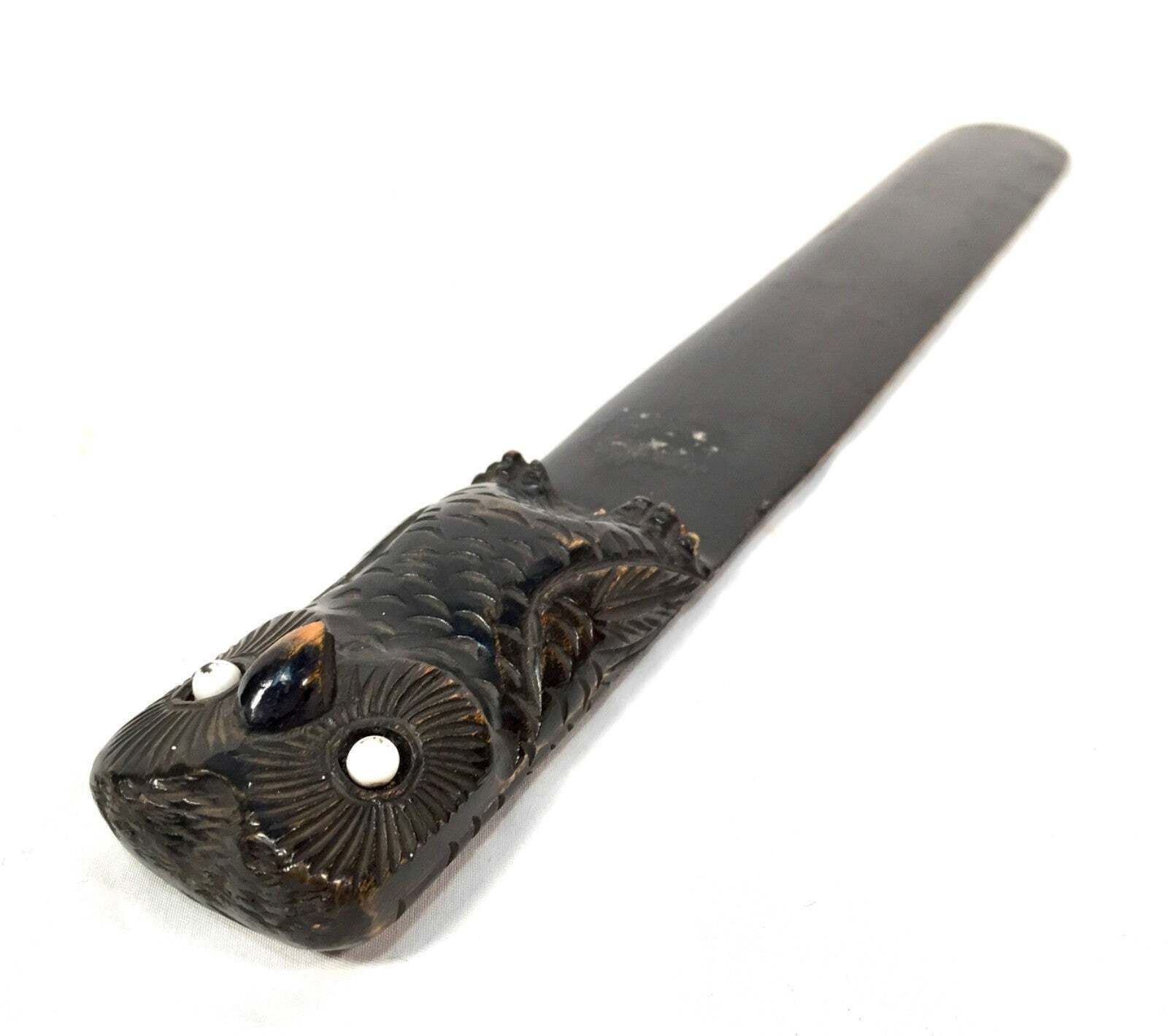 Antique Large Ebonised Carved Wood Owl Page Turner / Ceramic Eyes Treen C.1920