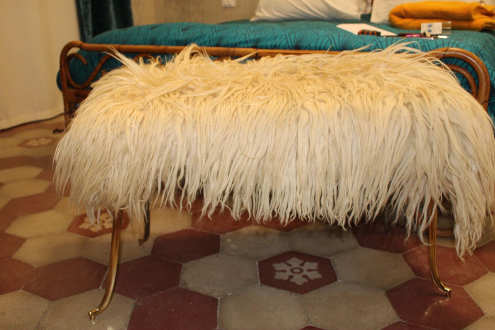 Large Mid Century Stool With Brass And Natural Sheep's Wool Feet photo Furniture