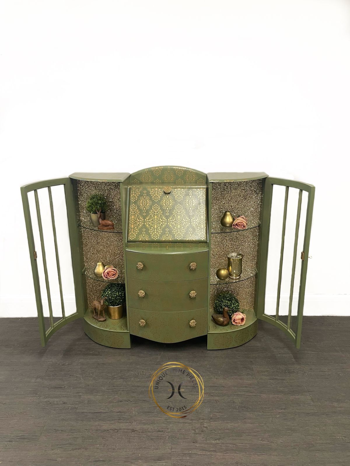 Green And Gold Art Deco Style Bureau/ Display Cabinet photo for sale
