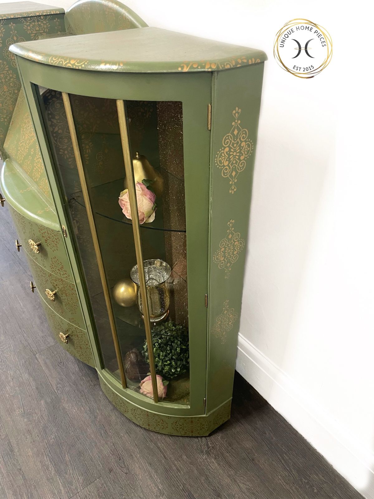 Green And Gold Art Deco Style Bureau/ Display Cabinet photo 1695.0