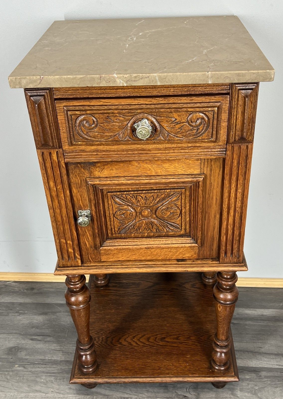 Bedside Table Antique French Oak With Marble Top Carved Cabinet Lot 4333