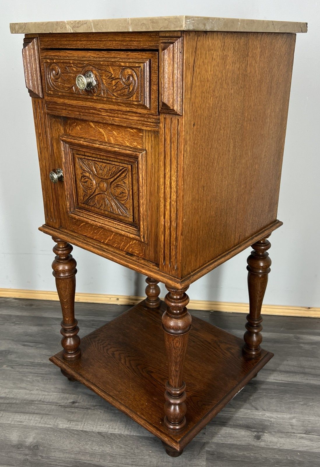 Bedside Table Antique French Oak With Marble Top Carved Cabinet Lot 4333 photo furniture