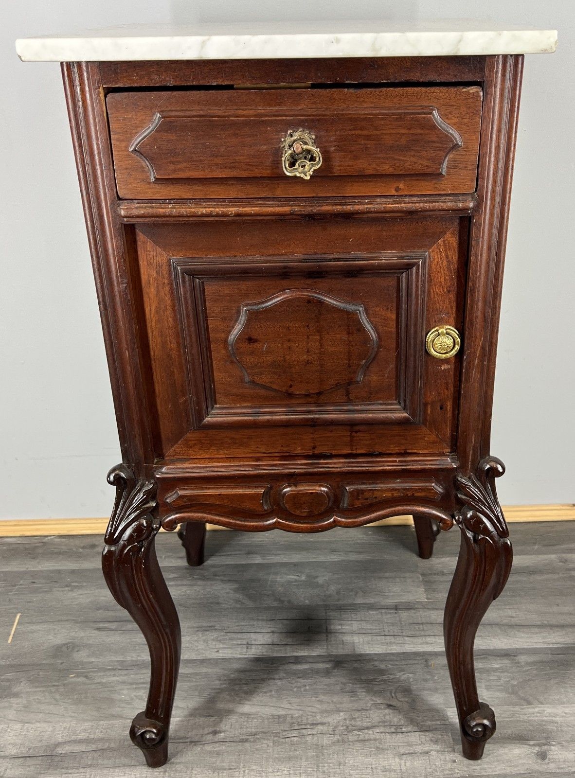 Bedside Table Antique French Marble Top Walnut Carved Cabinet Lot 4334 photo furniture