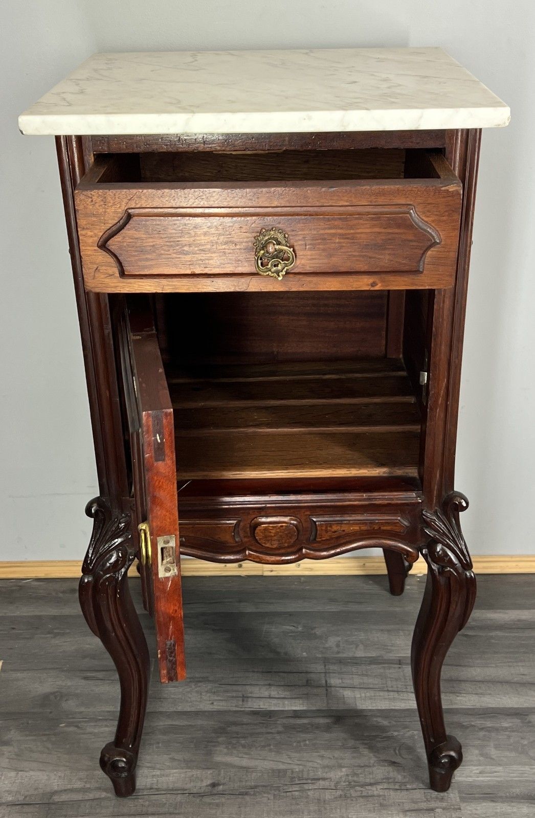 299.0 Bedside Table Antique French Marble Top Walnut Carved Cabinet Lot 4334 photo