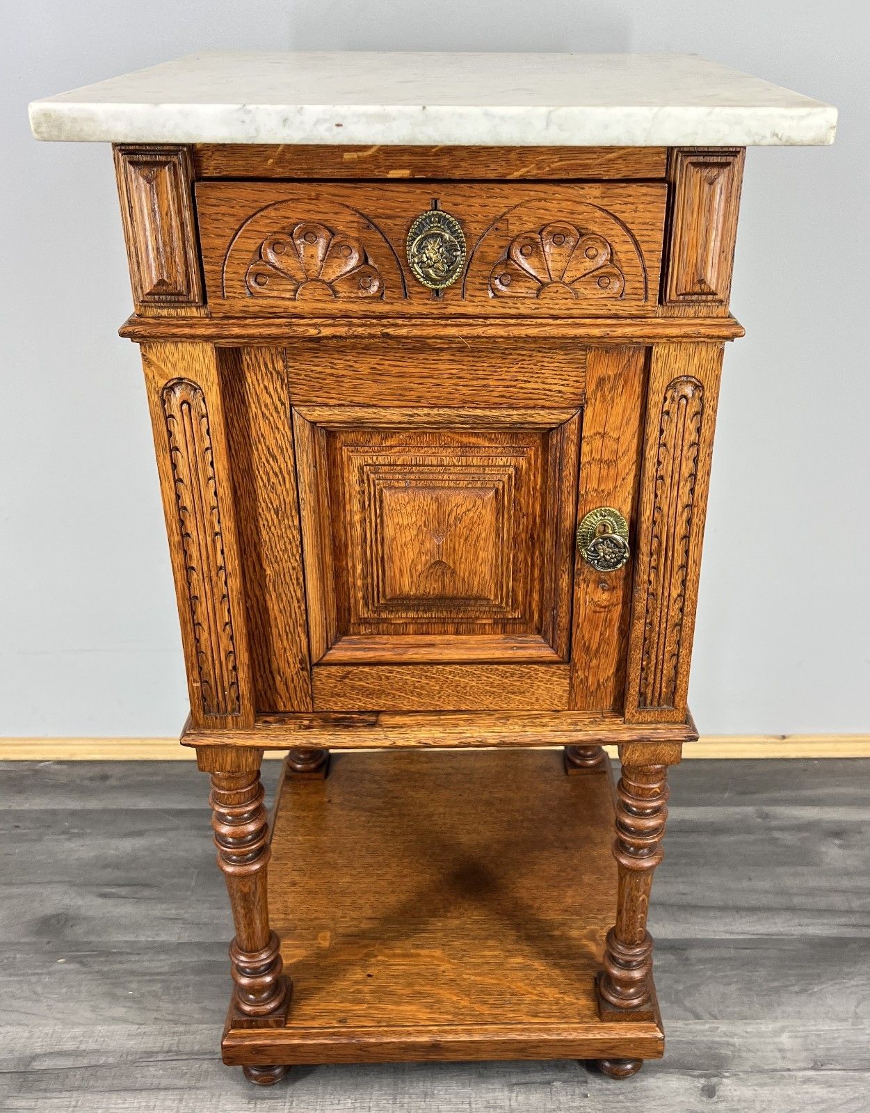 Bedside Table Antique French Oak With Marble Top Carved Cabinet Lot 4335 photo for sale