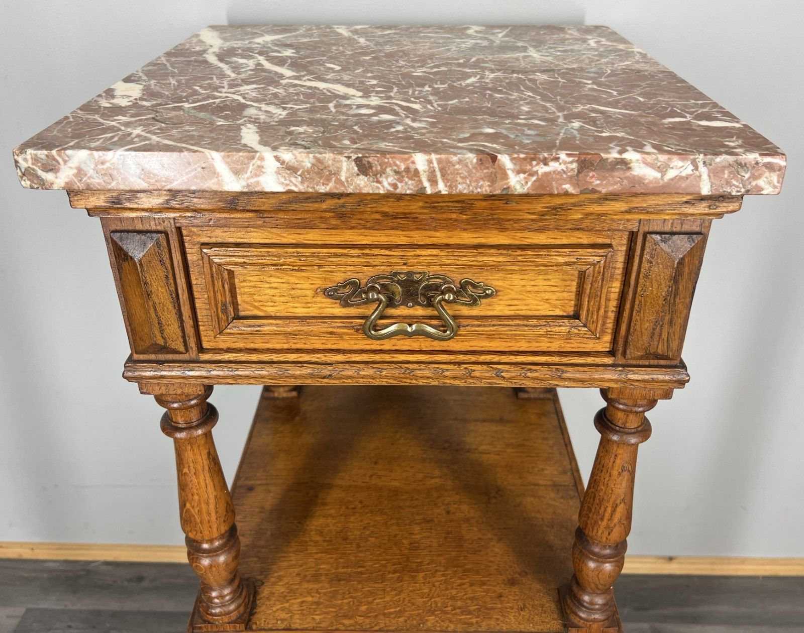 Bedside Table Antique French Oak With Marble Top Carved Cabinet Lot 4338 photo Furniture